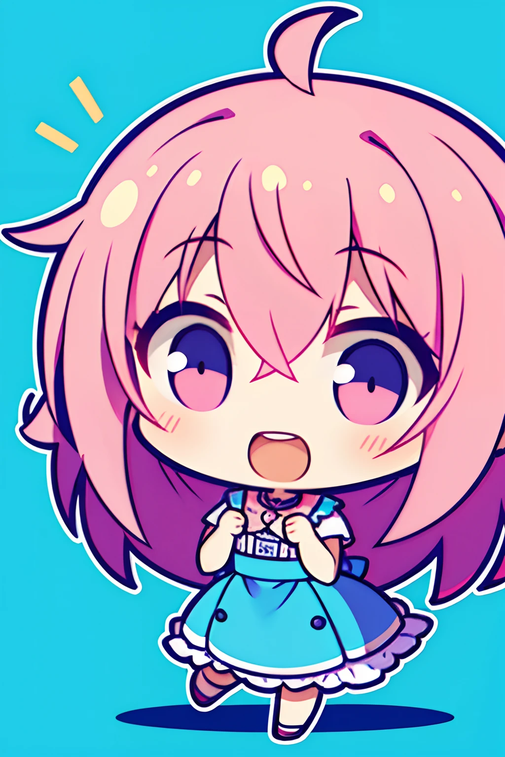 Chibi girl with pink hair, blue dress laughing