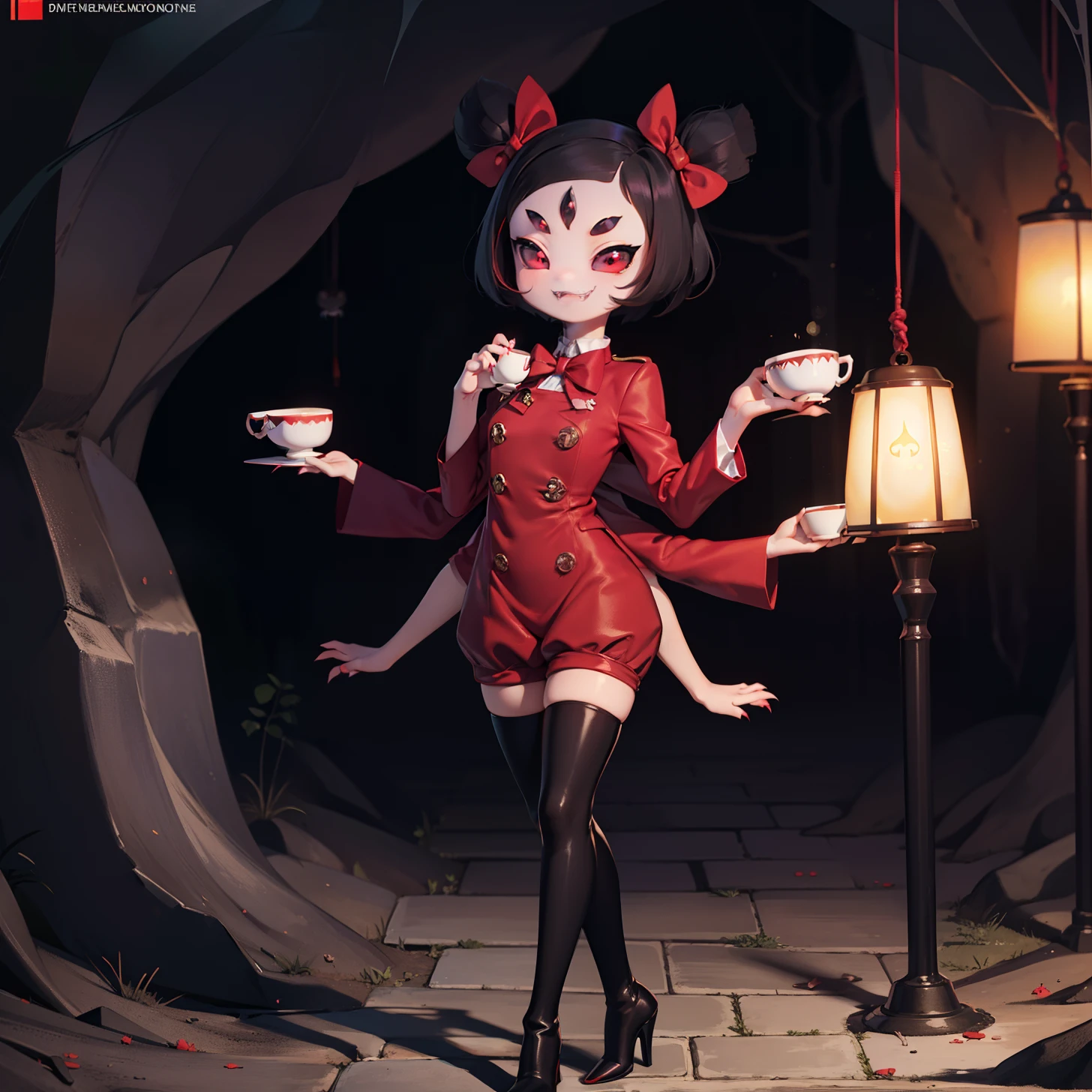 [muffet_(undertale)], [uploaded to e621.net; (napalm_express), (iseenudepeople)], ((masterpiece)), ((HD)), ((High definition)), ((detailed shading)), ((solo portrait)), ((full body)), ((front view)), ((beautiful render art)), ((monster girl)), {(spider girl); purple skin, glowing red eyes, 5 eyes, black hair, (2 hair buns), (6 arms), (sharp claws), (excited expression)}, {(red rompers), (buttons), (black knee high heel boots)}, {(walking), (holding teacup)}, [Background; (cave:1.2), (webs), (dark lighting), (spiders)]