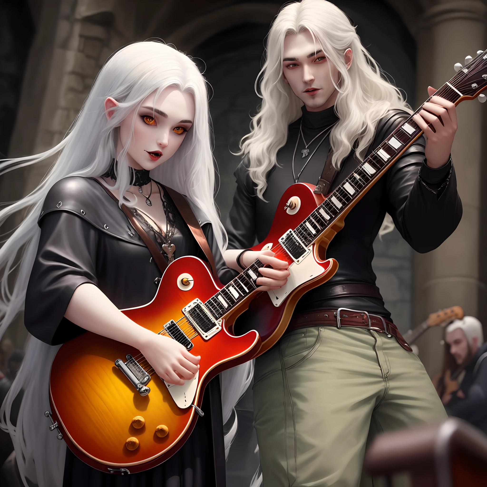 Create an RPG medieval vampire with white long hair holding a les paul guitar