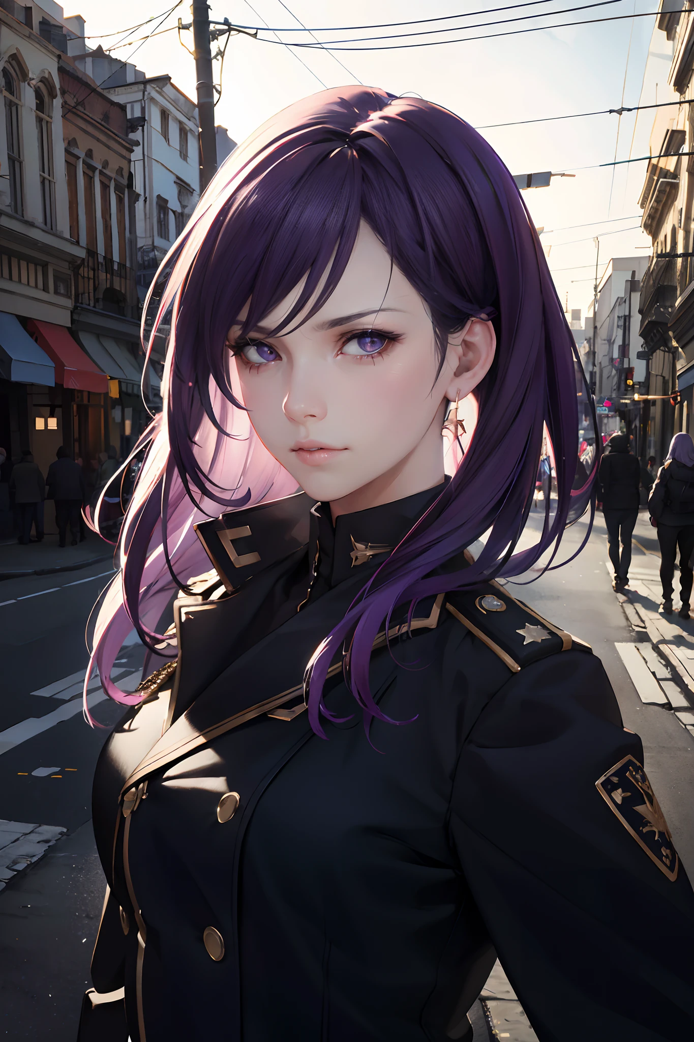 (Best Quality,4k,8K,hight resolution,Masterpiece:1.2),Ultra-detailed,(Realistic,Photorealistic,photo-realistic:1.37),Lonely woman 25 years old on the street, with her beautiful long light purple hair in focus and bold and sharp lighting. She is in an officer's uniform, looking directly at the viewer with a tense gaze. The picture should contain intricate details, Demonstration of realism and high image quality.