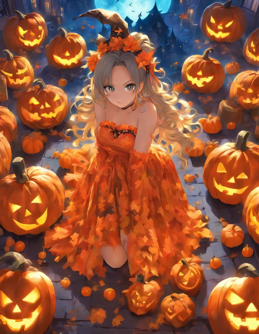 Masterpiece, detailed, Halloween Trick or treat, busty Woman costume, Pumpkins,