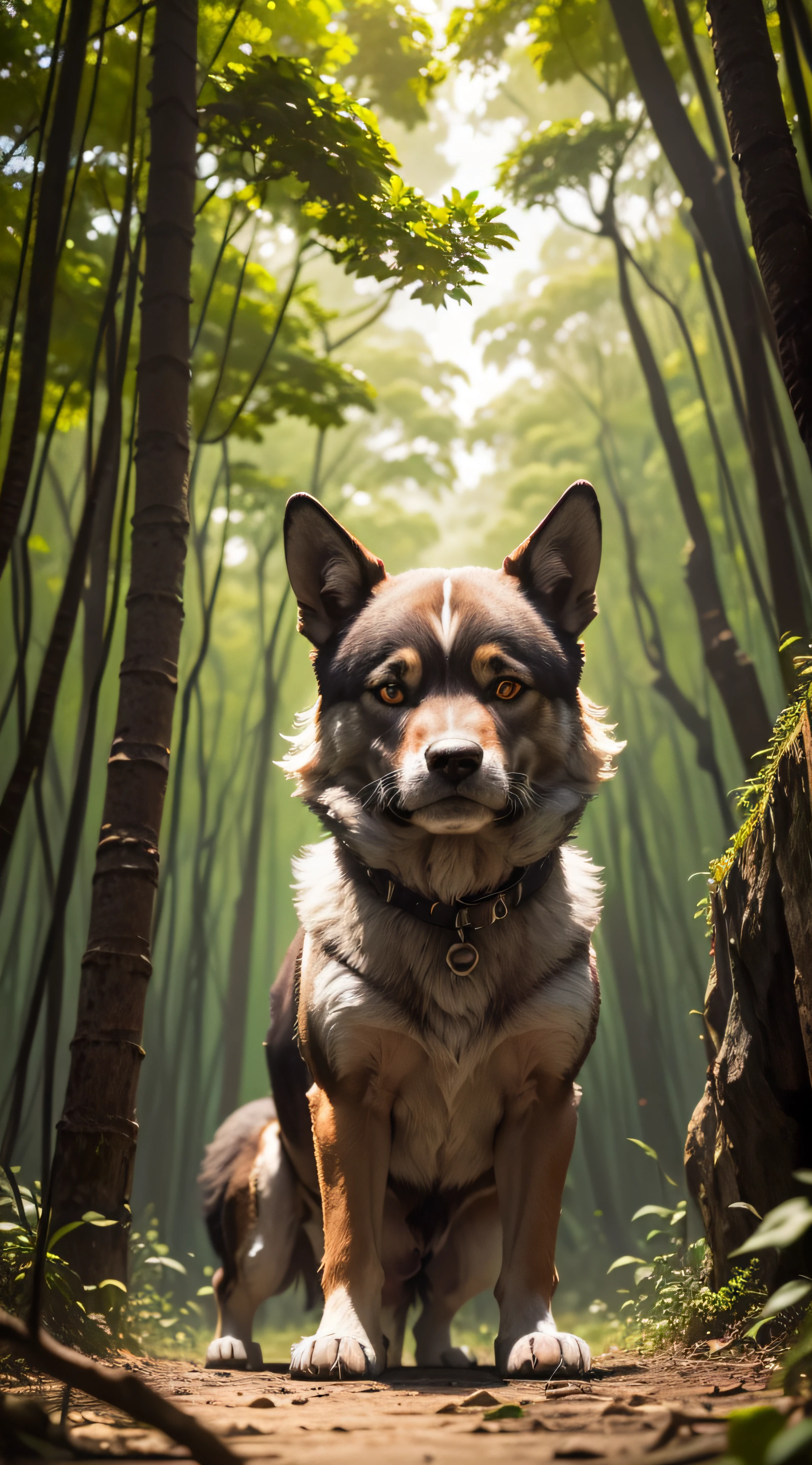 (extremadamente detallado, obra maestra, La mejor calidad, foto antigua, principios de siglo, VHS Aesthetics).(cachorro de lobo.)(jungla espesa), luz amanecer.