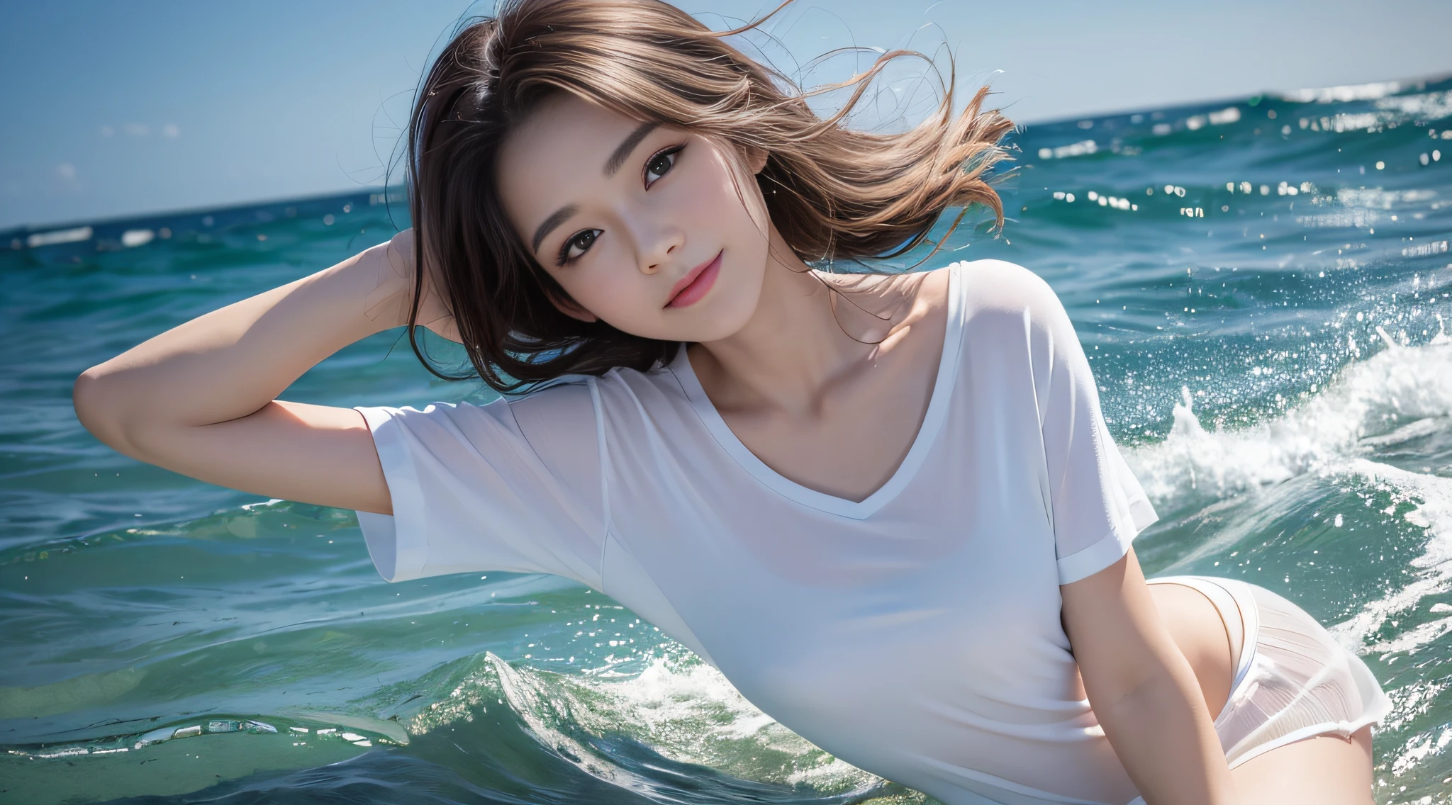 (16k, Top quality, Masterpiece, Fidelity :1.2), 1 Stunning mature beauty, （（（The face is delicate and cute，The facial features are delicate and well-proportioned））） , Delicate makeup，putting makeup on，Gentle face，（Lovely and beautiful），adolable，（Cute expressions），（美丽细致的眼睛,, The eyes are big and round）， (Perfect finger proportions，Extremely detailed, Ultra HD realistic fingers), (Perfect body: 1.1),Bigchest，[[[[[[[[[[[Deep cleavage]]]]]]]]]]], The leg proportions are perfect,Very slender legs， Beautiful,  Sexy little lips，Close your lips，Beautiful and delicate lips tightly closed，Smile faintly，（Keep one's mouth shut，Keep your mouth shut，"Keep quiet"：1.3），Casual hairstyle, Smooth skin, A full-body photo, (Ultra photo realsisim，On one side is the endless sea，Soak half of your body in water: 1.2), Sailor shirt, short  skirt，The color is arbitrary,He looked straight at me, Ultra HD, High quality, Best quality, A high resolution, 16k