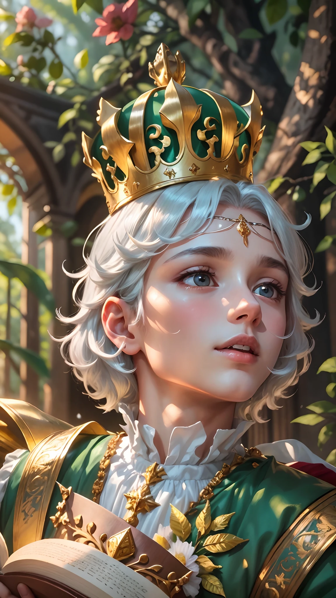 young prince, Pointed crown on head, na floresta ao ar livre, sol de fundo, caminho longo de fundo, coroa do rei em um trono de cristal, , cabelos grandes, escadarias ao fundo e flores, garoto cabelos white , qualidade 4K