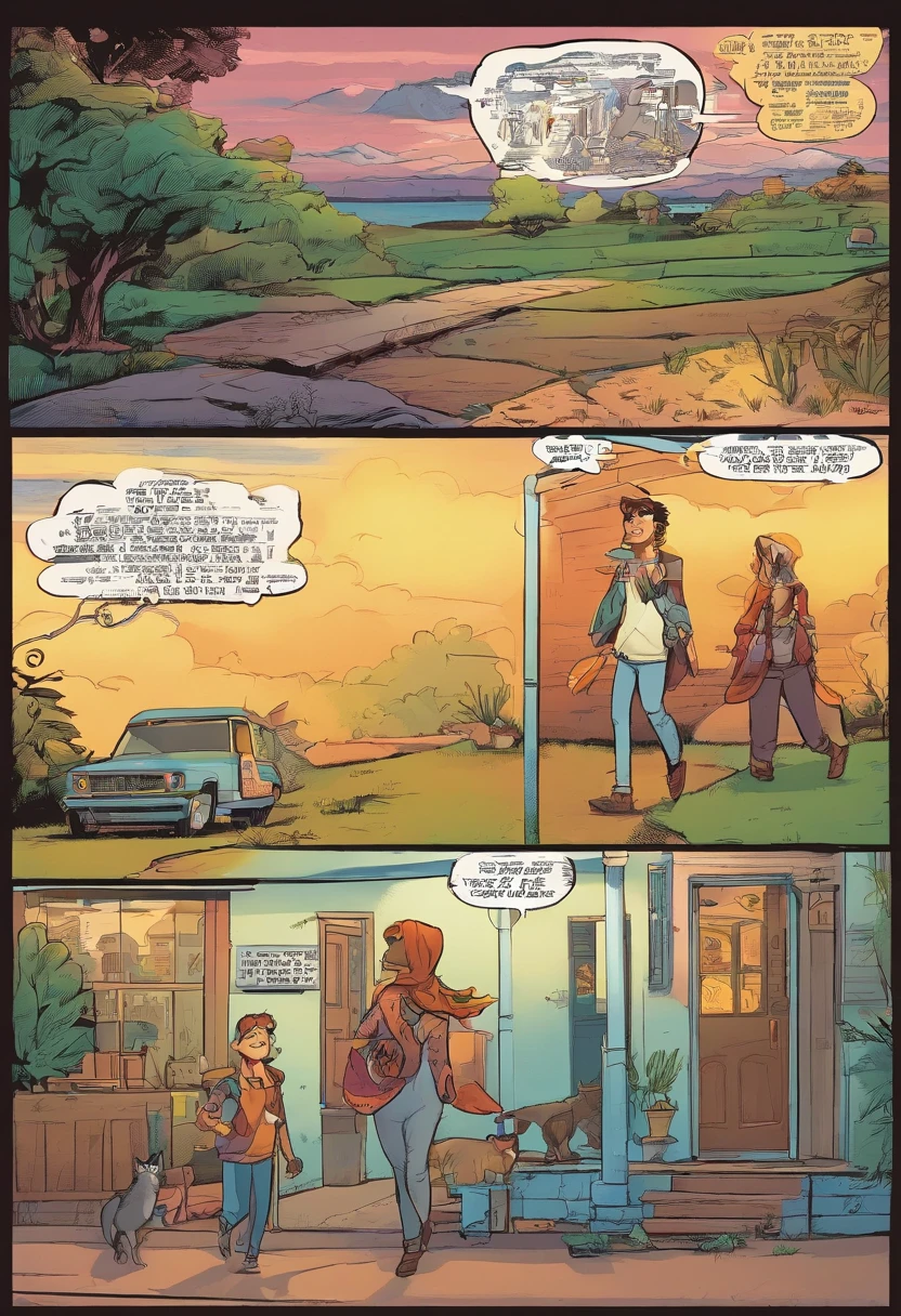 Quadrinhos americanos, The comic is presented in several irregular panels with colors. The short-haired American cat struggles as it runs away from home and then reunites with its owner. The style is exaggerated and detailed