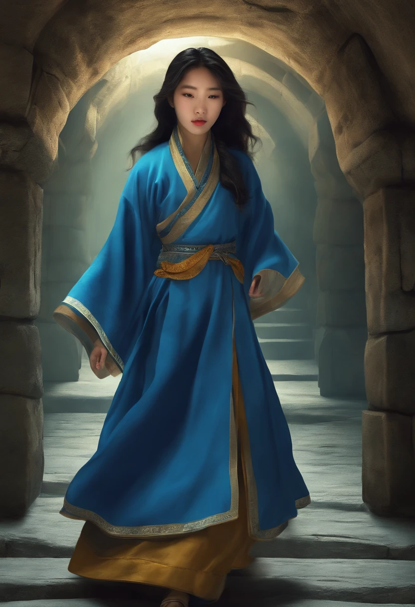 Ancient China. A -yeld Kon girl wears blue clothing and walks in the tunnel. Go from west to east. Side view. Comic style.