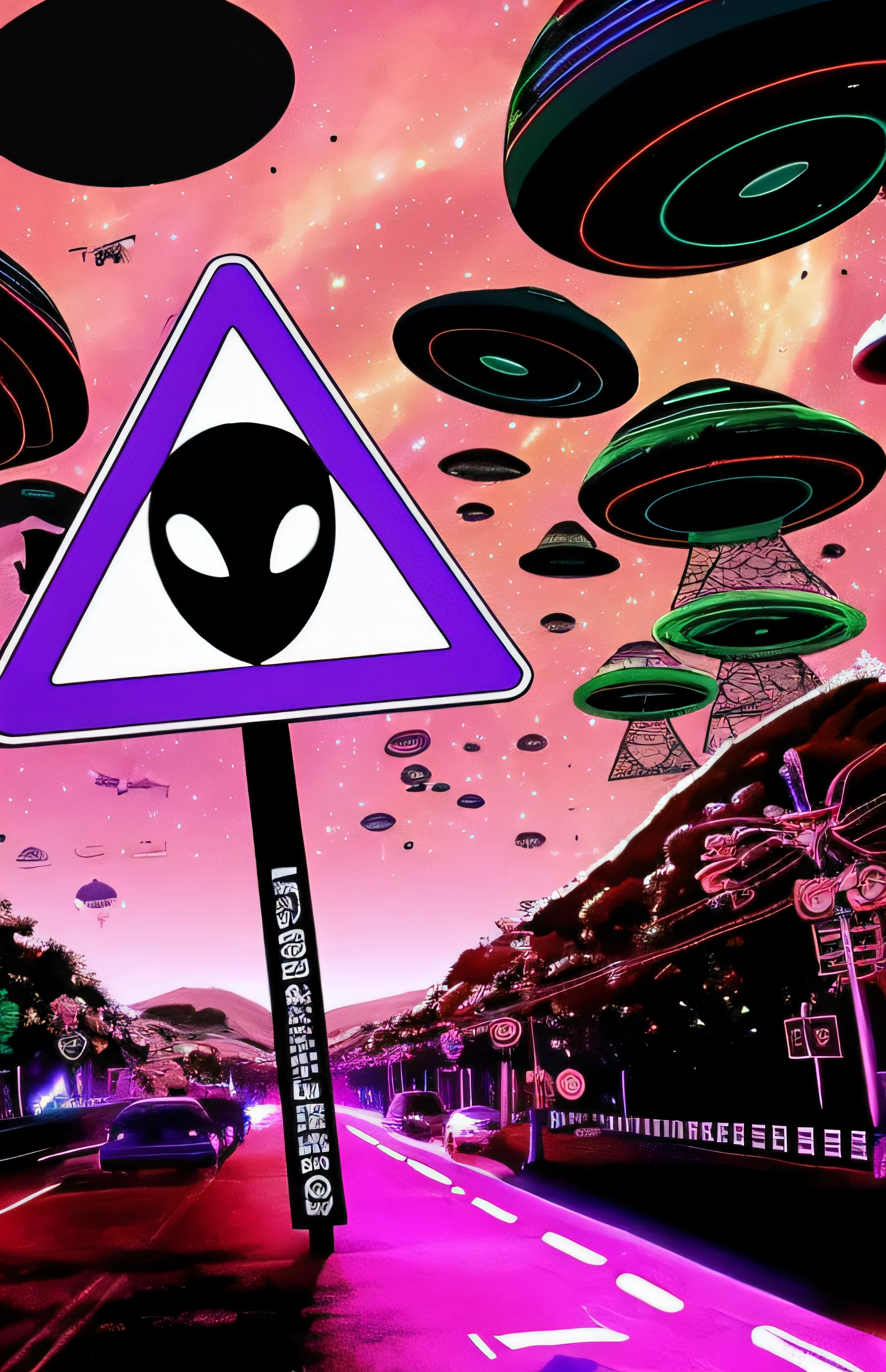 alien warning sign with aliens flying over a road and a car, Ovnis, alien abduction, aliens invading earth, Alien invasion, Alien invasion. 2 4 mm, extraterrestrial paradise, ufologia, Estrangeiros pousam aqui, ufo aliens, extraterrestrials reach for him, aliens in the background, populated with aliens and people, ufo attack, alien army Adding a cosmic space sky, Escrita a Palavra Alienado, Alterar a ordem dos objetos, Estilo capa de CD