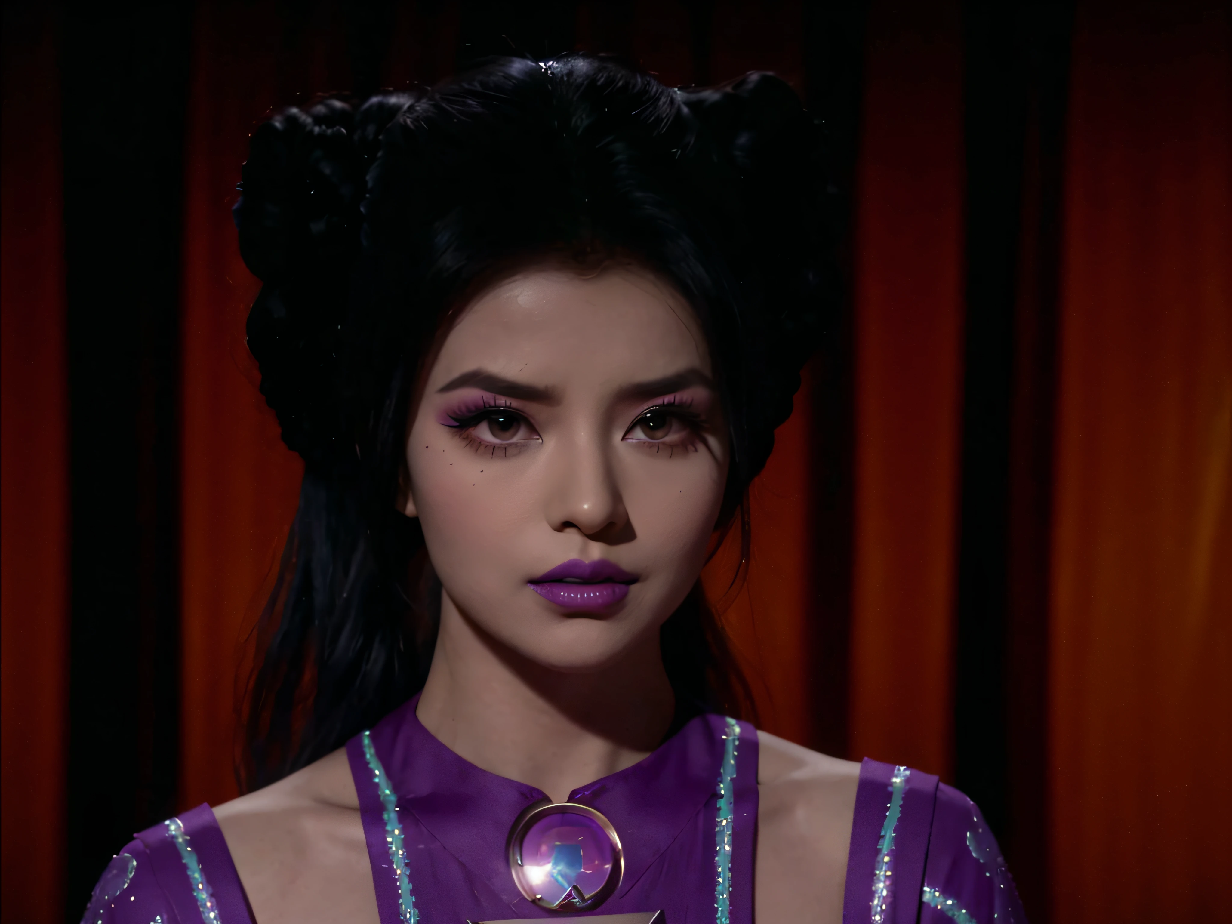 arafed woman with purple & neon green makeup & elaborately coiffed black hair with side rolls, in star trek the original series, in star trek original series episode "That Which Survives", from star trek, film still from star trek, star trek beautiful asian woman, in alien genie outfit, still from star trek, in alien space genie bikini outfit, as a gorgeous star trek woman, Losira, in a 2-piece alien space bikini genie harem outfit