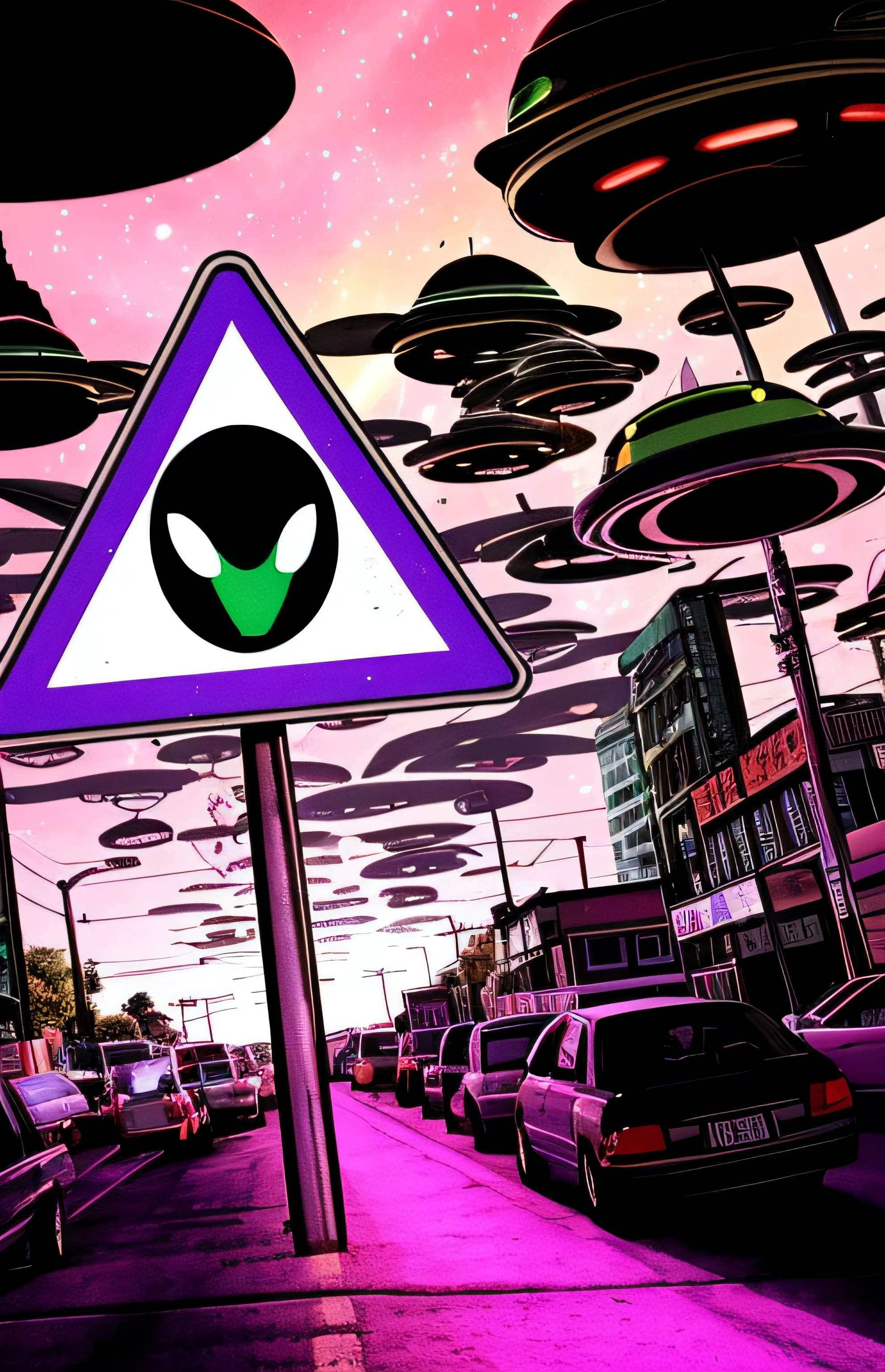 alien warning sign with aliens flying over a road and a car, Ovnis, alien abduction, aliens invading earth, Alien invasion, Alien invasion. 2 4 mm, extraterrestrial paradise, ufologia, Estrangeiros pousam aqui, ufo aliens, extraterrestrials reach for him, aliens in the background, populated with aliens and people, ufo attack, alien army Adding a cosmic space sky, Escrita a Palavra Alienado, Alterar a ordem dos objetos, Estilo capa de CD