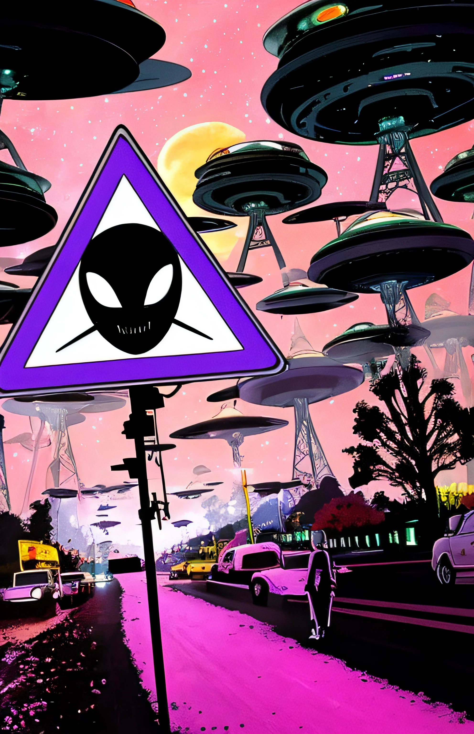 alien warning sign with aliens flying over a road and a car, Ovnis, alien abduction, aliens invading earth, Alien invasion, Alien invasion. 2 4 mm, extraterrestrial paradise, ufologia, Estrangeiros pousam aqui, ufo aliens, extraterrestrials reach for him, aliens in the background, populated with aliens and people, ufo attack, alien army Adding a cosmic space sky, Escrita a Palavra Alienado, Alterar a ordem dos objetos, Estilo capa de CD