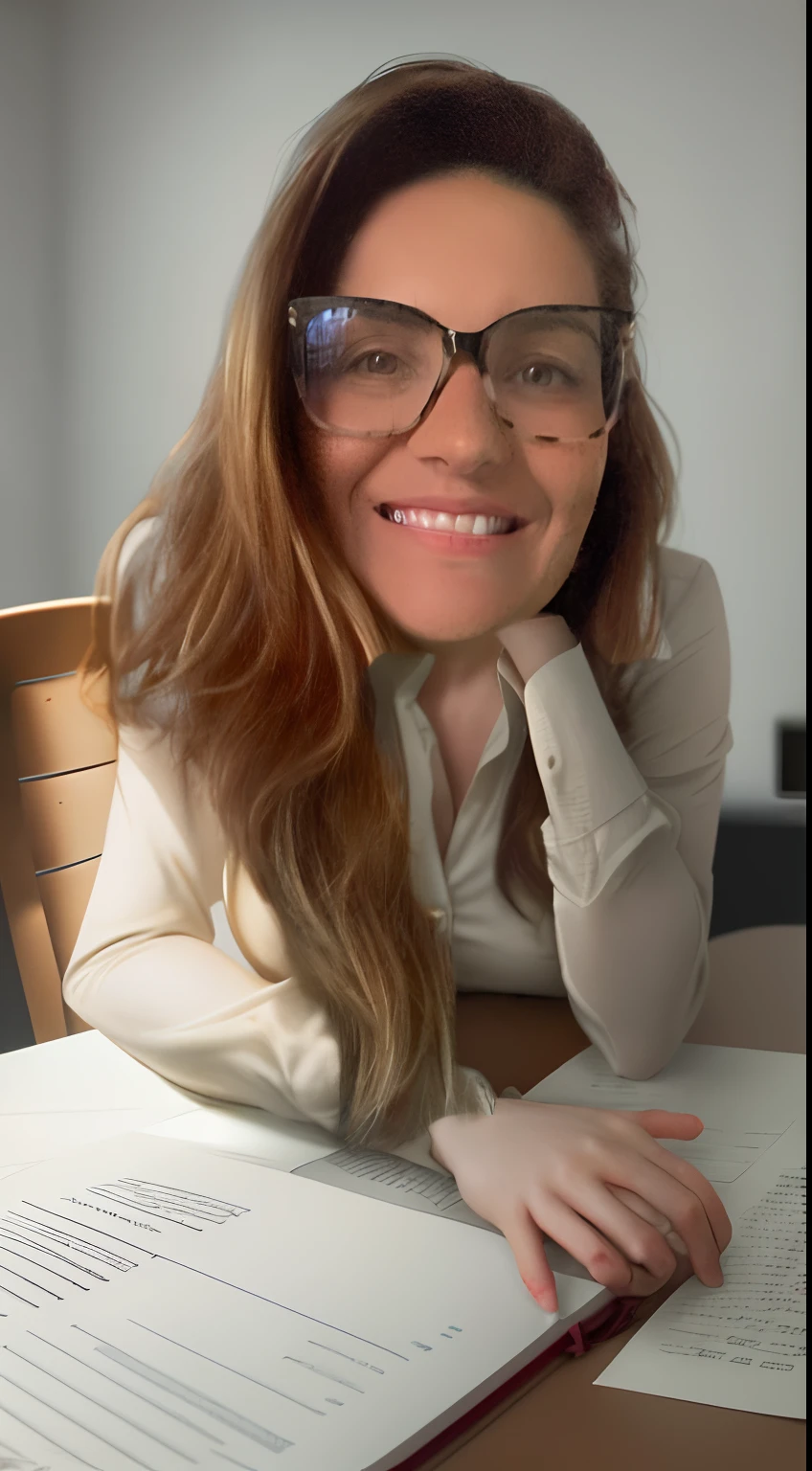 Woman with realistic brown hair, light eyes, perfect and flushed lips, 26 years old, dressed in red dress shirt, freckles on the body, (freckles) ultra realistic, perfect lighting, photorealistic, highly detailed, perfect, hyperrealistic, real person, lots of sharpness, cinematic lighting, sitting on the desk facing a notebook, modern office room, realistic details, insane detail, natural lighting,  Natural skin, wallpaper Resolution: 16 x 9 --auto --s2