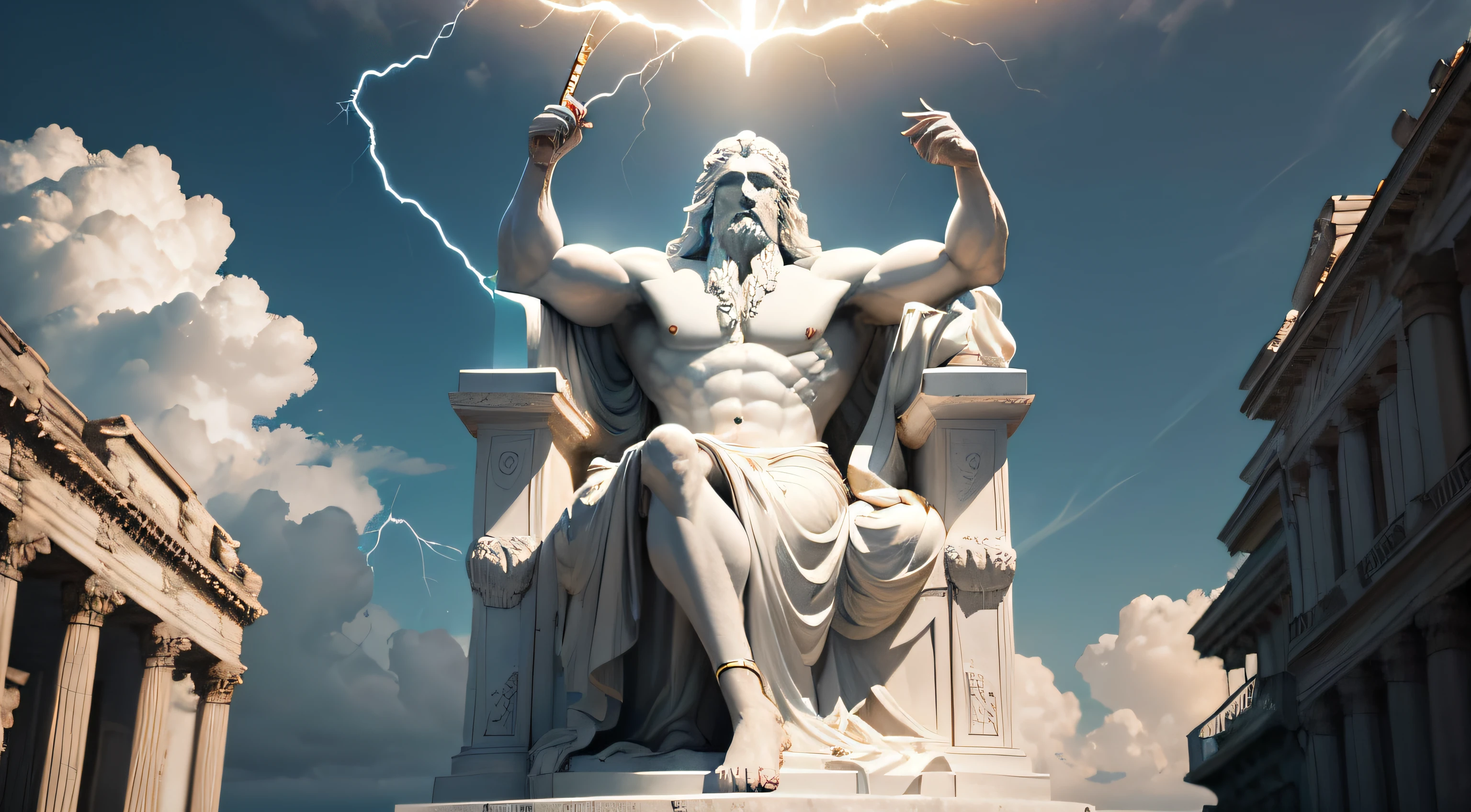 (extremamente detalhado CG unidade 8k papel de parede, best quality, master part, um extremamente delicado e bonito), Jardim grego, white marble statue, Zeus, golden lightning, thunderous sky, raios solares,Vinhas verdes, flores vermelhas, blue sky background, grandioso, majestoso.