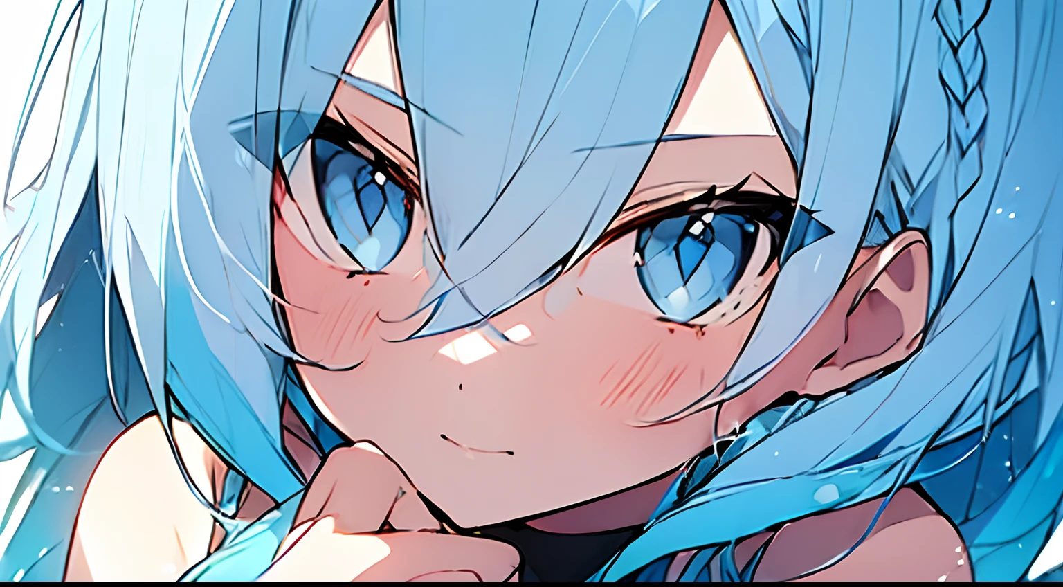(light blue hair:1.5), glare, monochrome pink background