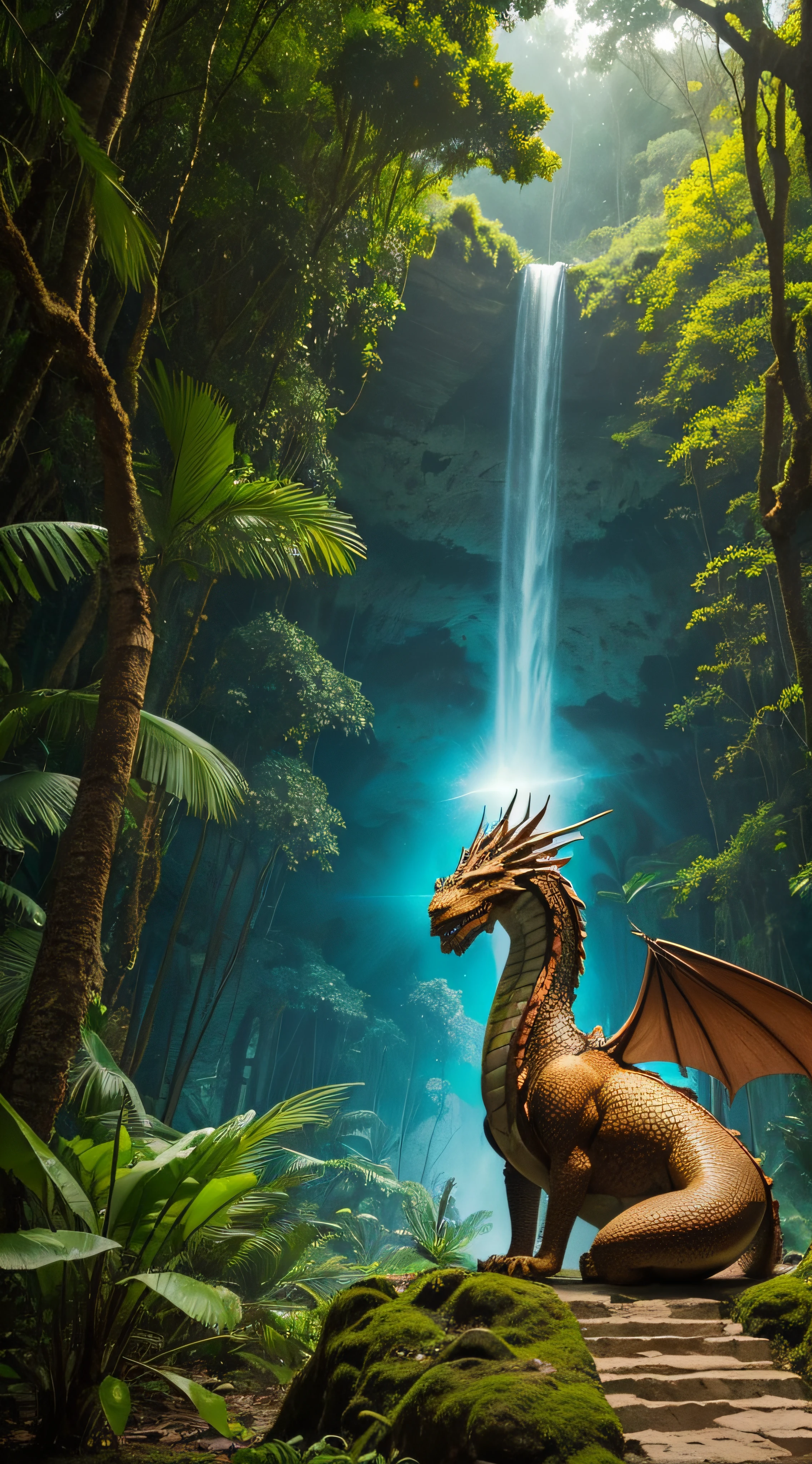 (extremadamente detallado, obra maestra, La mejor calidad, foto antigua, principios de siglo, VHS Aesthetics).(dragon de colores.)(jungla espesa), luz amanecer.