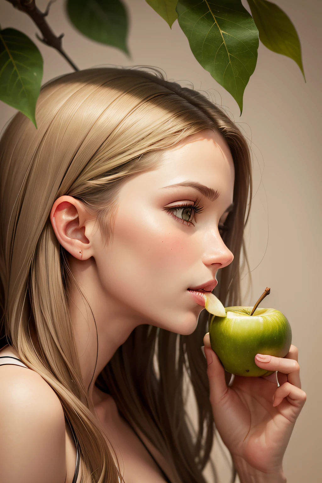 On a beige background, a single tree with green leaves on the left side, and on the right side, the profile of a face while she is eating the green apple