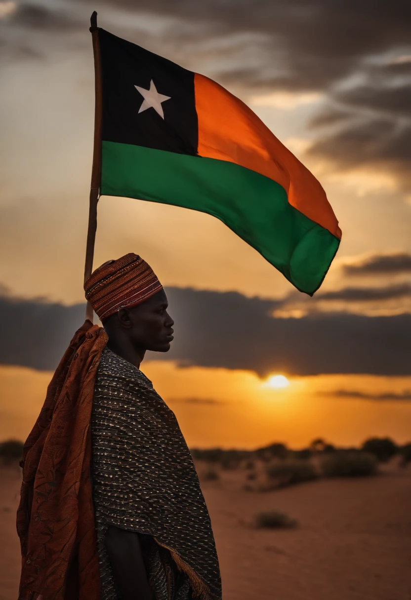 Un homme noir robuste tenant le drapeau du Niger dans une foule immense