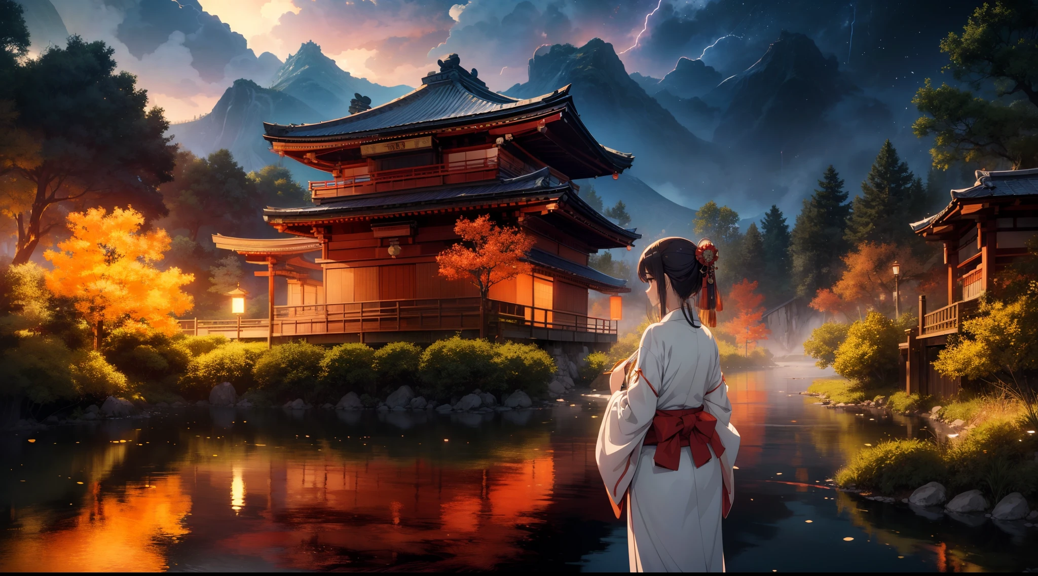 1 Japanese Shaman girl, very wide shot, (from behind) ,japanease robe ,(((looking away))), background lake and lightnings, high resolution,(incredibly absurdres),anime visual,extremely detailed CG unity 8k wallpaper, ((masterpiece)), ((top-quality)), (beautiful illustration), ((an extremely delicate and beautiful))