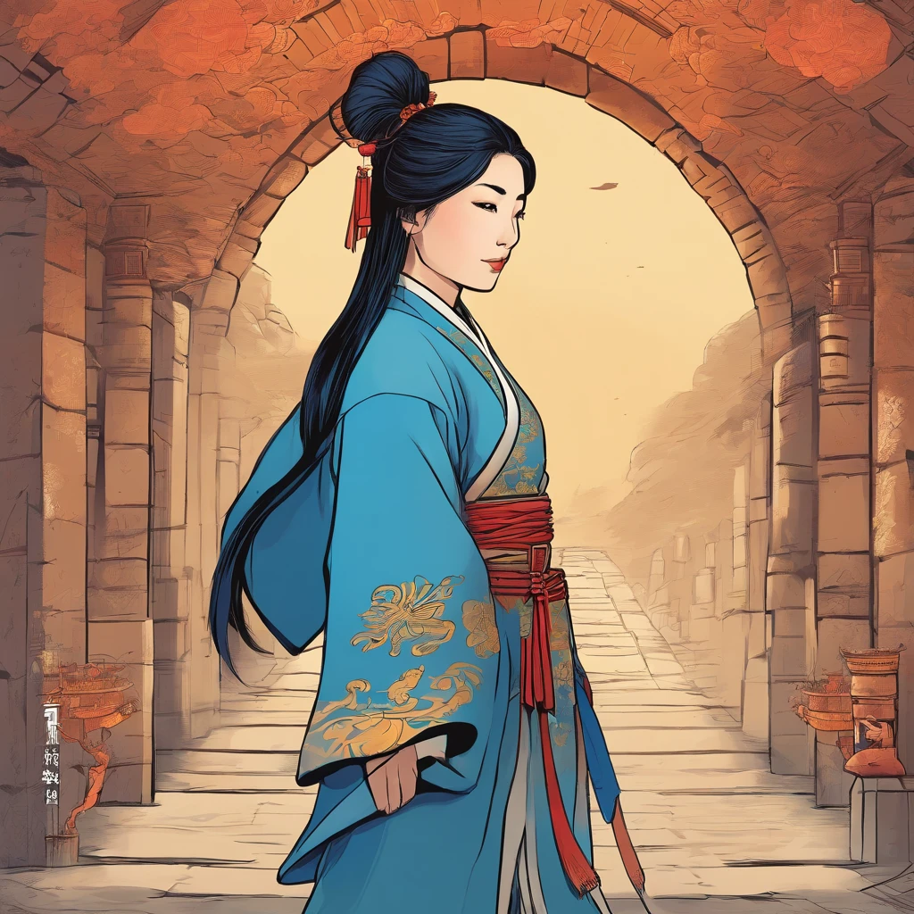 Ancient China. A 14-year-old Korean girl wears blue clothing and walks in the tunnel. Go from west to east. Side view. Comic style.