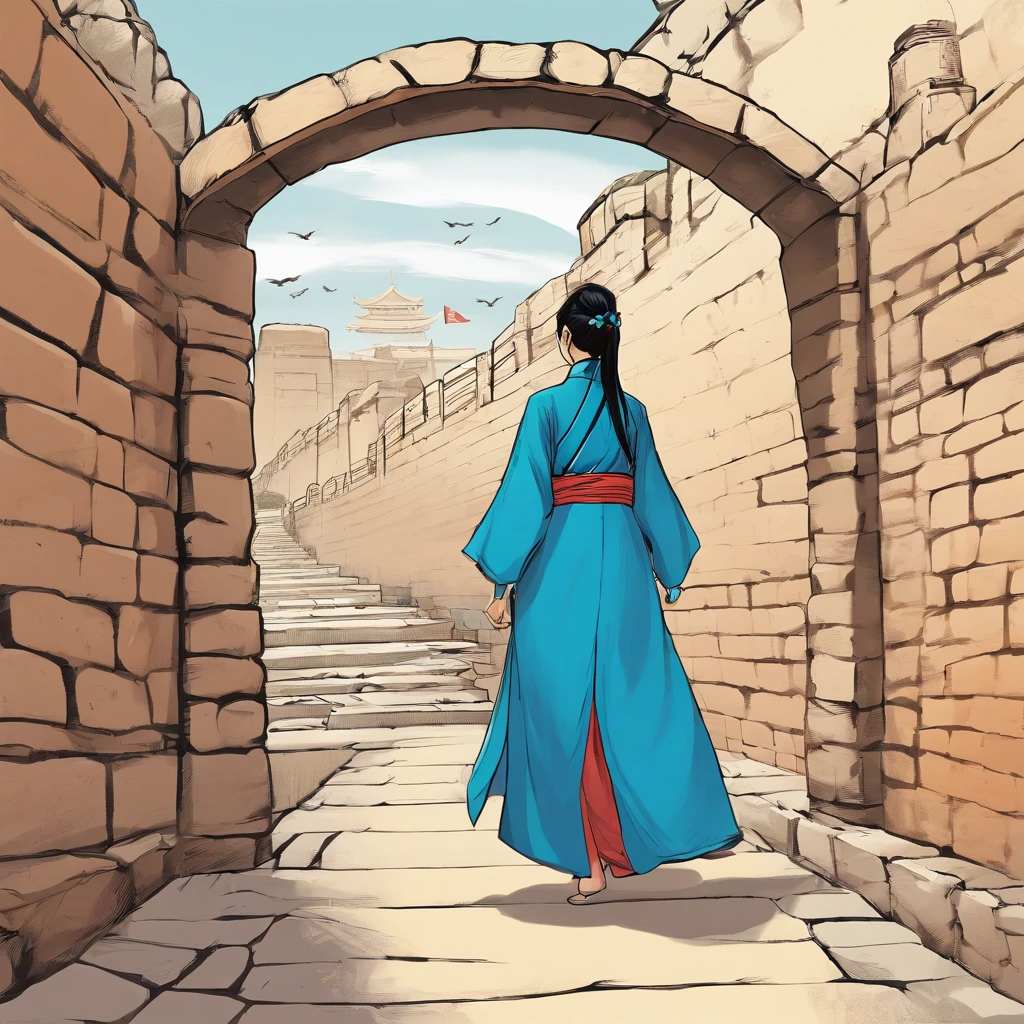 Ancient China. A 14-year-old Korean girl wears blue clothing and walks in the tunnel. Go from west to east. Side view. Comic style.