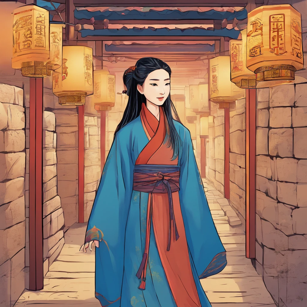 Ancient China. A Korean girl wears blue clothing and walks in the tunnel. Go from west to east. Side view. Comic style.