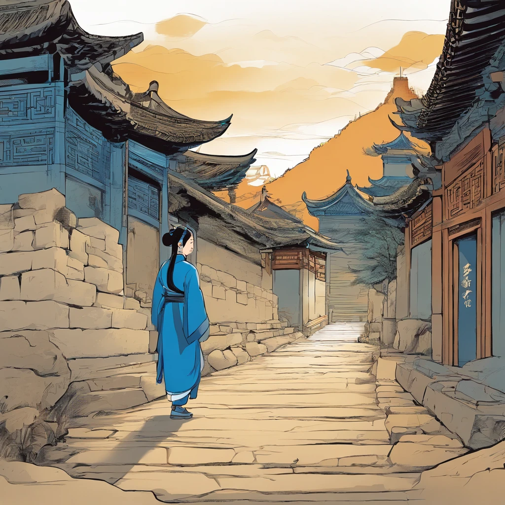 Ancient China. A -yeld Kon girl wears blue clothing and walks in the tunnel. Go from west to east. Side view. Comic style.