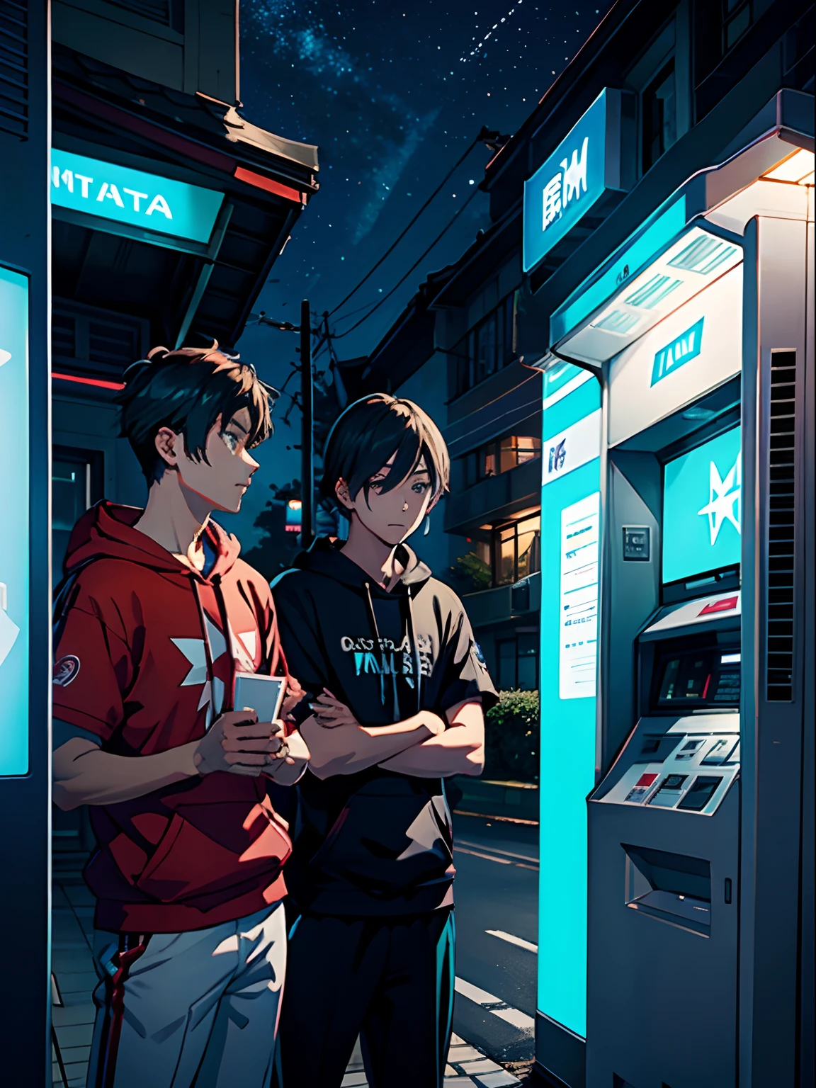 anime man, stars, Luna, In front of the ATM, optic，ember