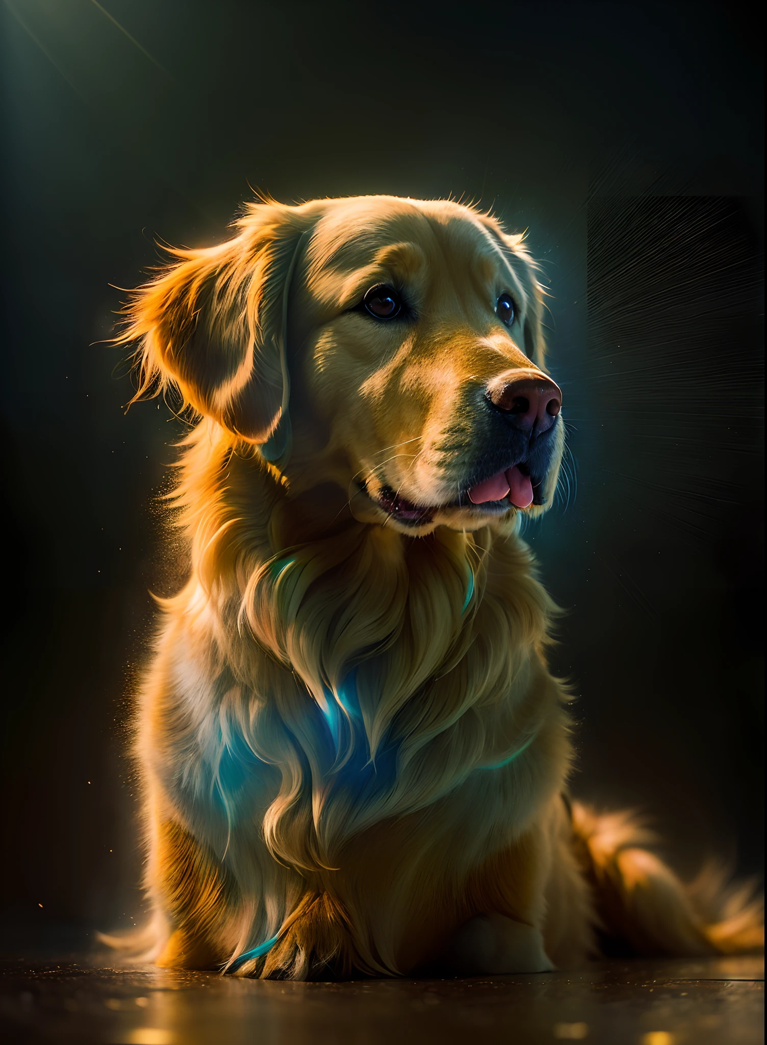 Golden Retriever caramelo, (Imagem ultrarrealista altamente detalhada:1.2), (fotorrealista:1.2), com detalhes intrincados. (Background with lighting effects with rays and powers of bright colors with high contrast and saturation:1.2). ((cinematic photography, UHD, 8k)), ((de corpo inteiro)), ((foco nítido:1.2))