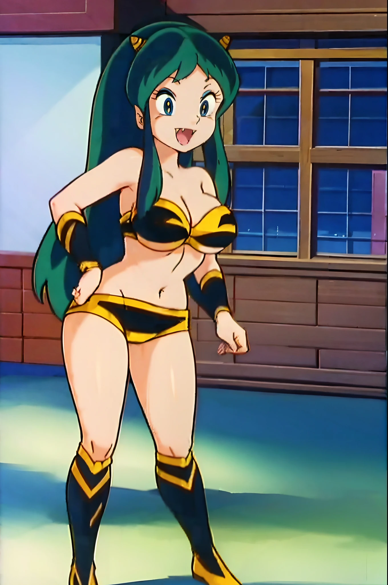 lum, superhero costume,, standing,, boots, oni, smile,, full body, sentai, bikini, horns, curvy, big breast, open mouth teeths, fangs