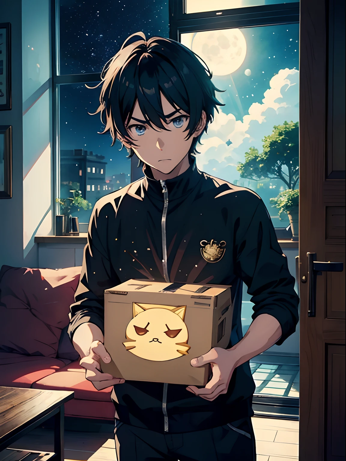 anime man, stars, Luna, in living room, optic，Open the lid of the box，Very angry