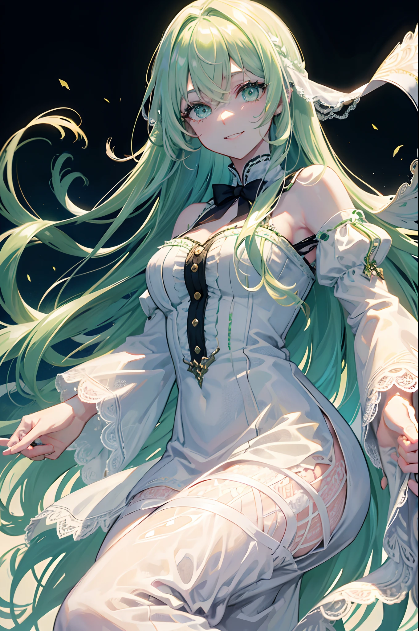 (girl1), (anime), white, with long green hair, an 18-year-old woman, wearing a white dress showing her shoulders, with a thin straight skirt, like a dress cloth on the bottom straight, and on the back another straight cloth, showing her legs, with white stockings, and a sexy dress, see,with breasts, size GG,