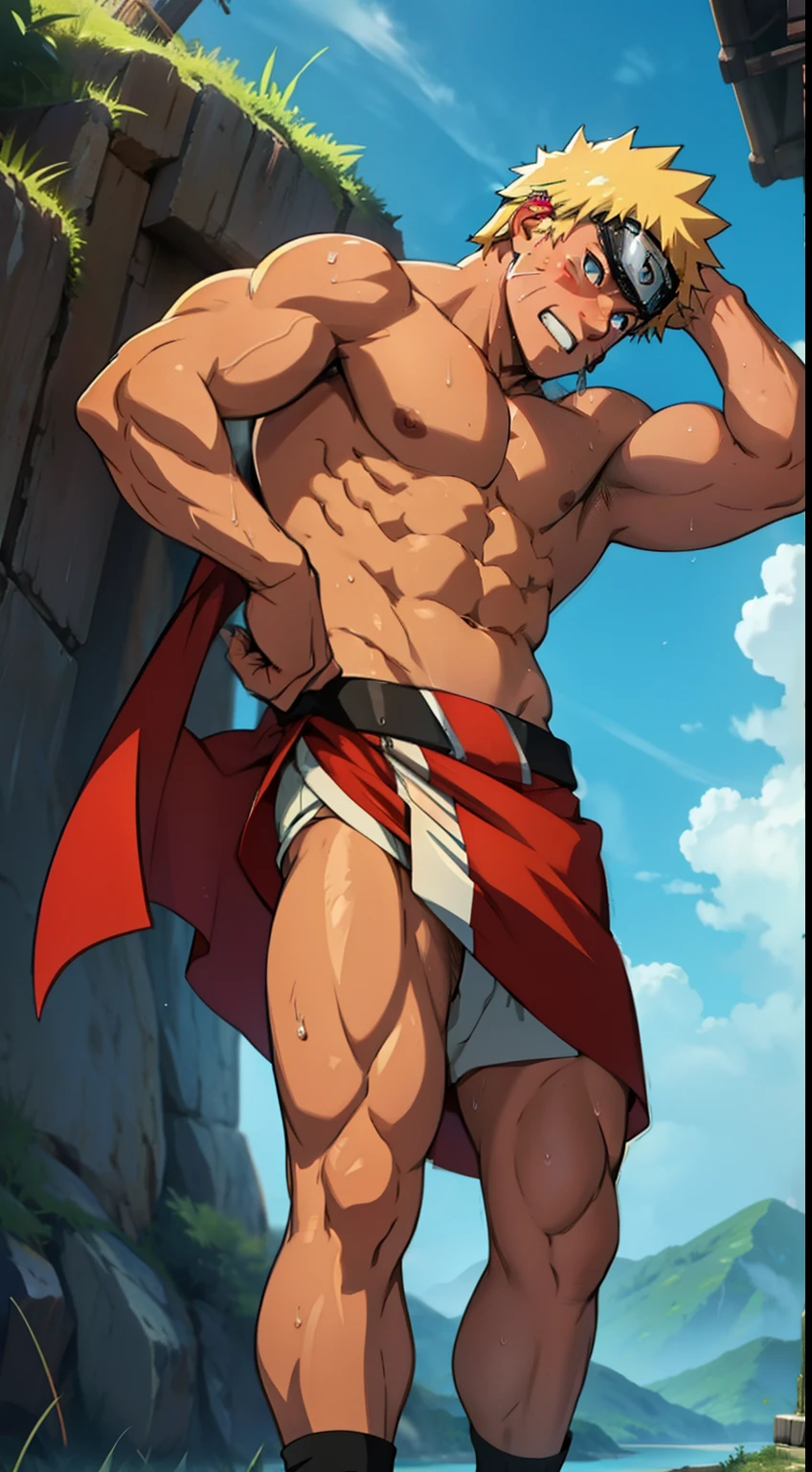 (Full body)  (photo angle from bottom up )( art of anime Naruto)   red skin ,sunburned red skin, boy was shy and blushed (photo subject: Close-up of muscular thigh muscles )standing (photo angle from the ground upwards) [Anime photo][highest quality photo][4k,HD photo quality ] eyes blue , main wear tight and short loincloths soaking wet,the loincloth bulges (muscular thigh muscles, firm thigh muscles, muscular thigh muscles, sinewy thigh muscles, giant thigh muscles, strong leg muscles, muscular hamstring leg muscles) , bodybuilder,bodybuilding, standing, pink skin, rosy skin , lots of sweat flowing down,sweat profusely, drenched in sweat, a lot of sweat running down the body, topless, shirtless, hot sunny , blue eyes, cute face, cute , cool face, 2 arms spread wide