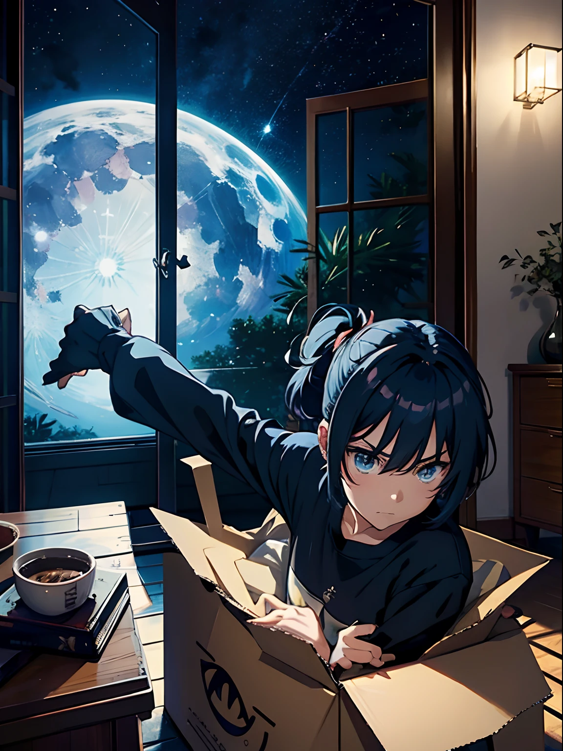anime man, stars, Luna, in living room, optic,Open the lid of the box,Very angry