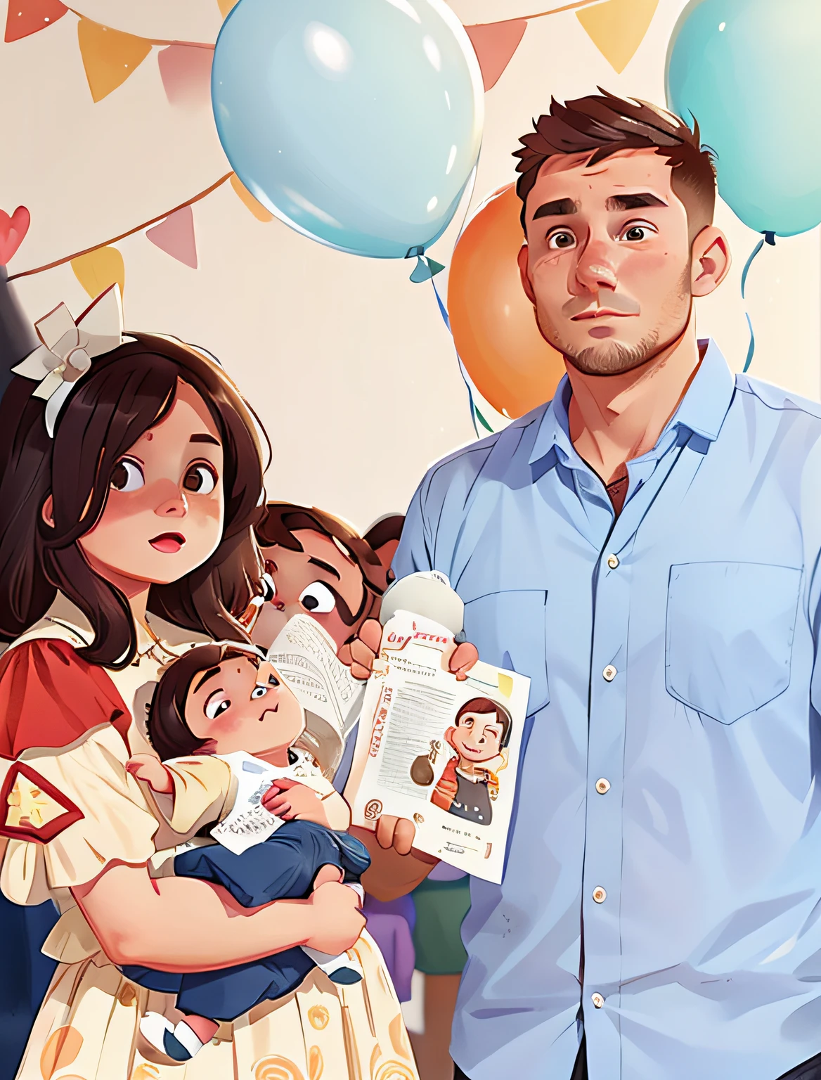 Two people are depicted in the background, Holding a  and balloons in your arms, vitaly bugarov, alexey gurylev, viktoria gavrilenko, Danila Tkachenko, alexander rostov, vitaly bulgarov, by Zofia Stryjenska, alina ivanchenko, family photo, andrei riabovitchevy, valeriy vegera