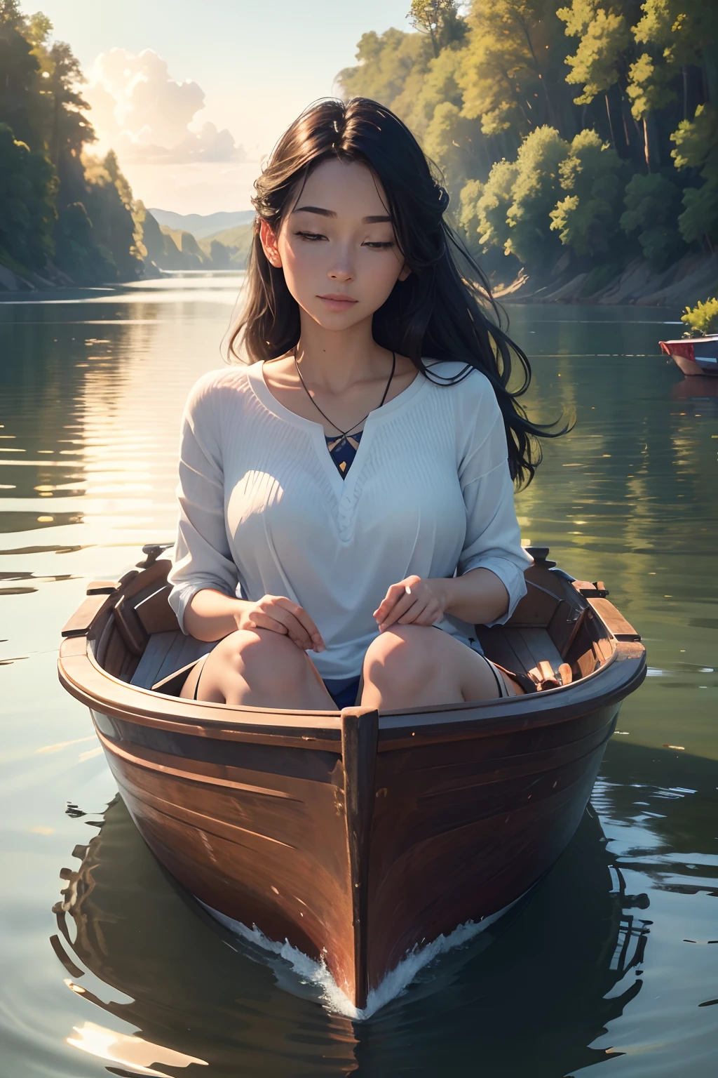 (best quality,4k,8k,highres,masterpiece:1.2),ultra-detailed,(realistic,photorealistic,photo-realistic:1.37),riverboat,morning,sunshine,illustrated style,vibrant colors,warm tones,gentle waves,peaceful atmosphere,sunlight reflections,fresh air,nature,tranquility,harmony,sailboat,watercraft,serene landscape,floating on the river,leisurely journey,lush greenery,clear blue sky,captivating scenery,serenity,calmness,reflection of the boat on the water,peaceful morning,stunning beauty,blissful moment,relaxation,escape from the city,stunning view,river's embrace,relaxing ride,joyful discovery,refreshing start,majestic surroundings,whispering breeze,rustling leaves,awakening nature,sparkling water surface,glowing horizon,quiet contemplation