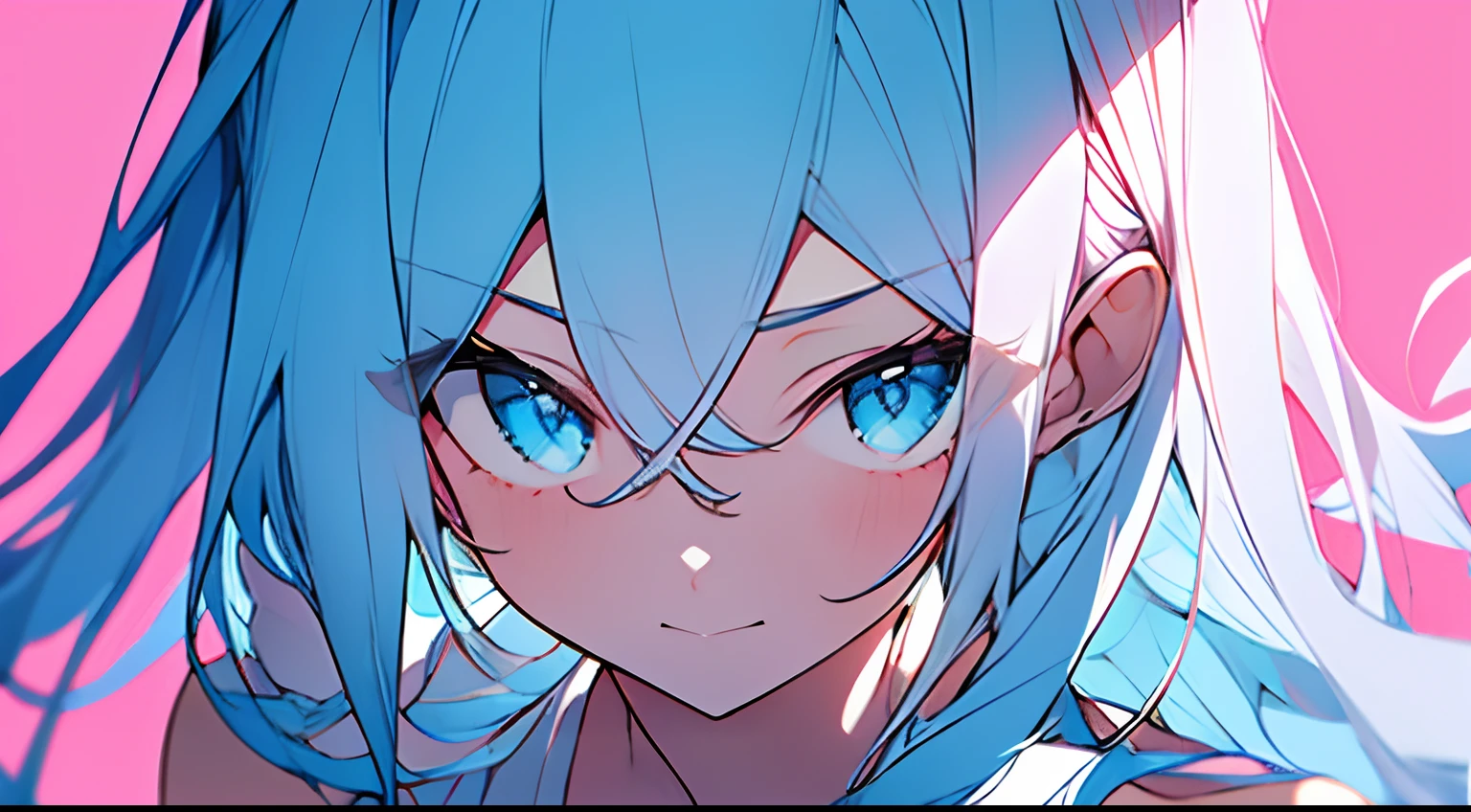 light blue hair, glare, pink monochrome background