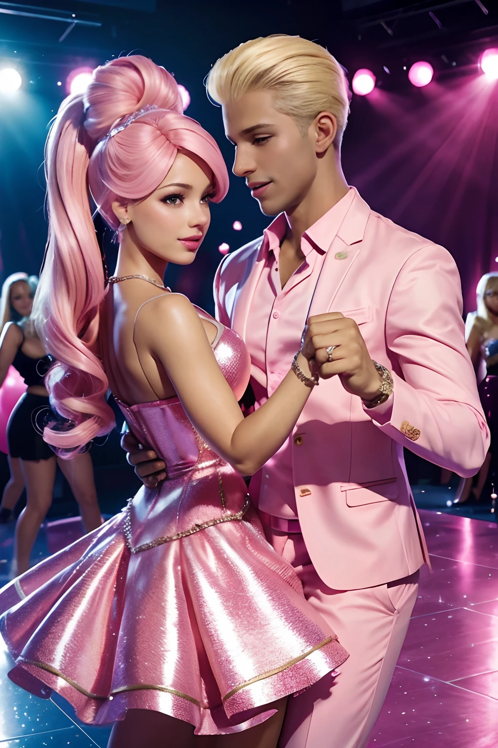 Barbie and Ken dancing bachata, Pink surroundings, Balloons, Hearts fly, party, merriment, joying, Flashes of light, tmasterpiece, beautiody,