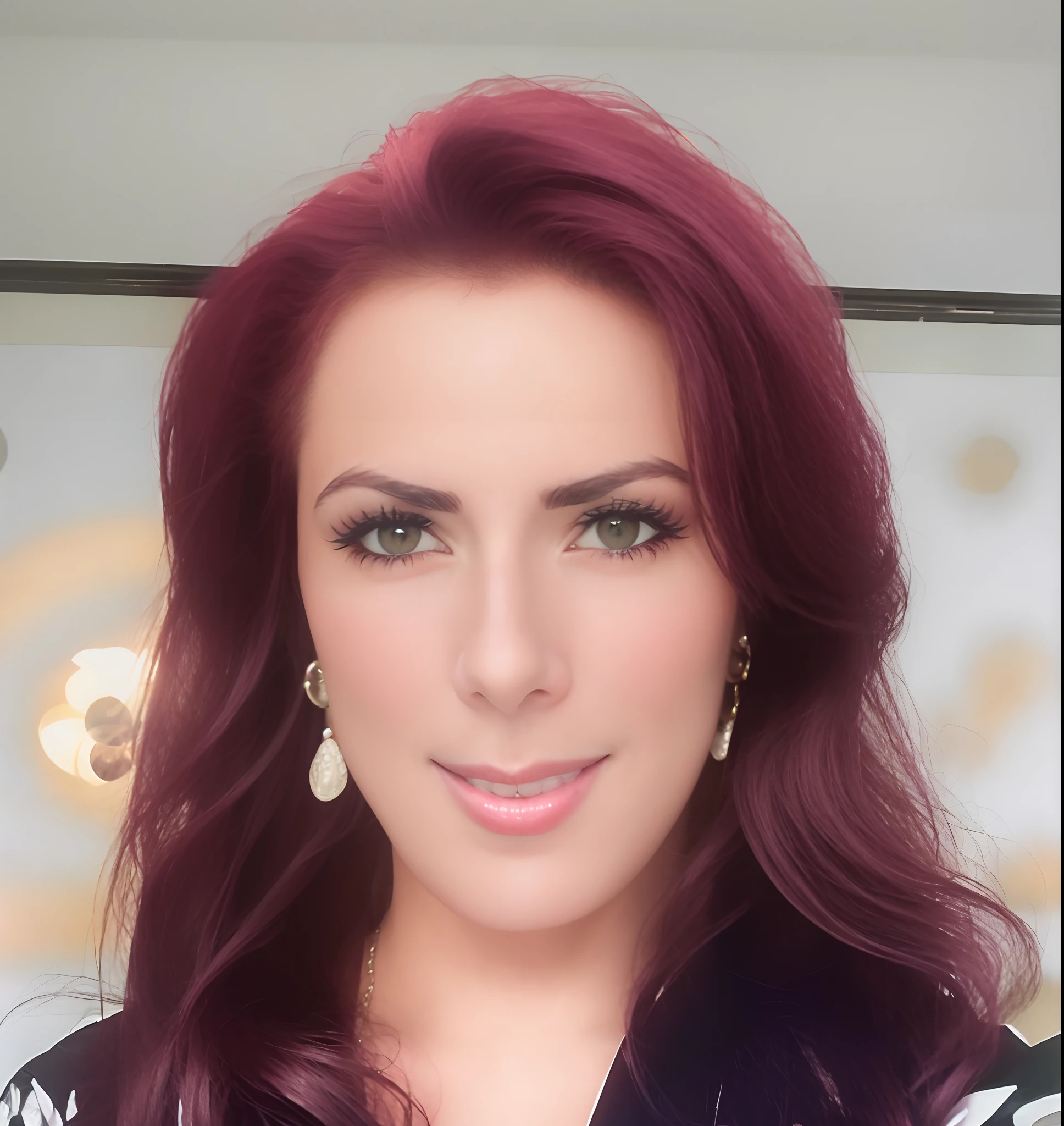 uma mulher com cabelos ruivos e um vestido preto e branco