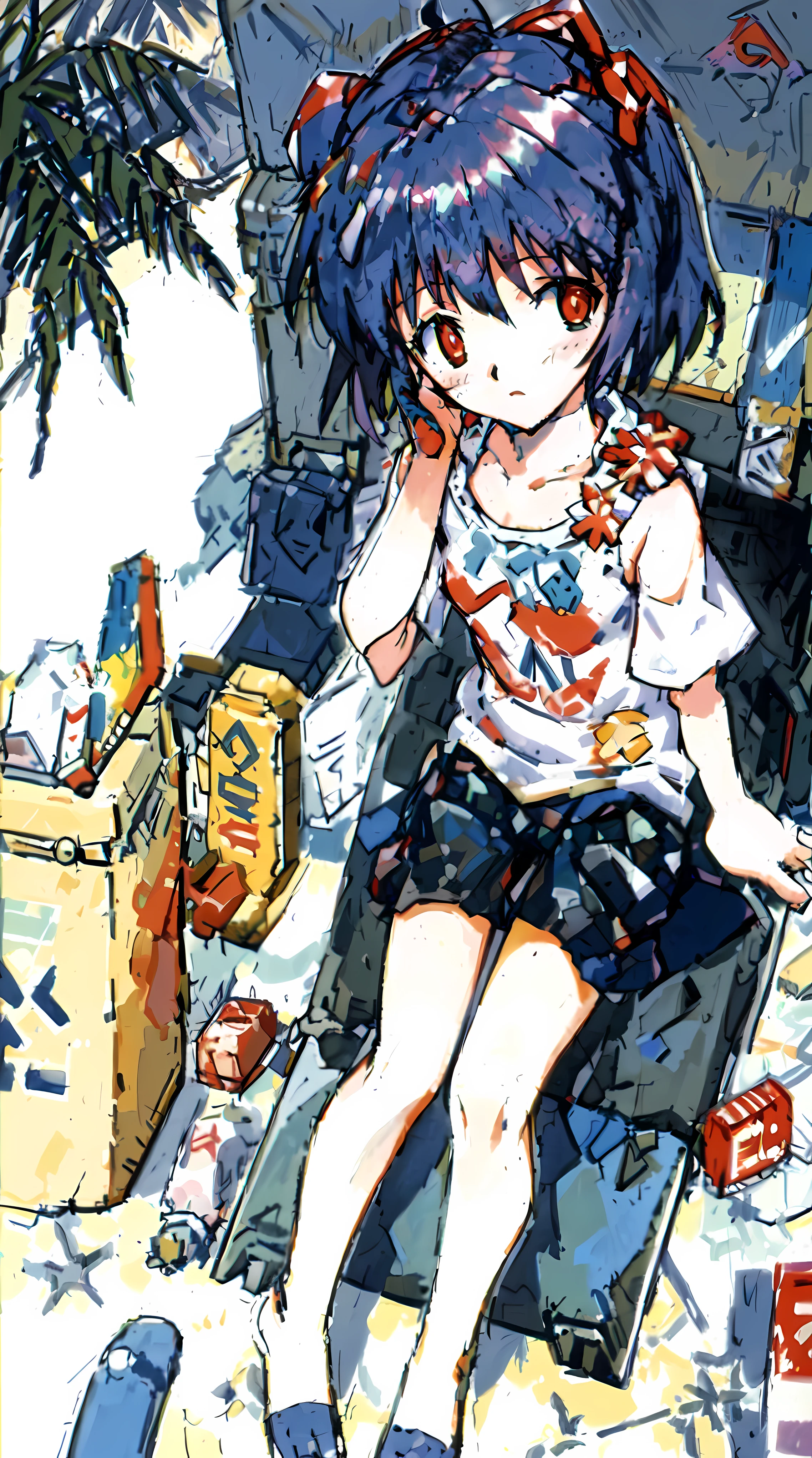 POV,1girl, beach, sitting on a beach towel, short hair, glasses, t-shirt, shorts, cap, blush, summer, soda can, bag,ultra high res, 16K,