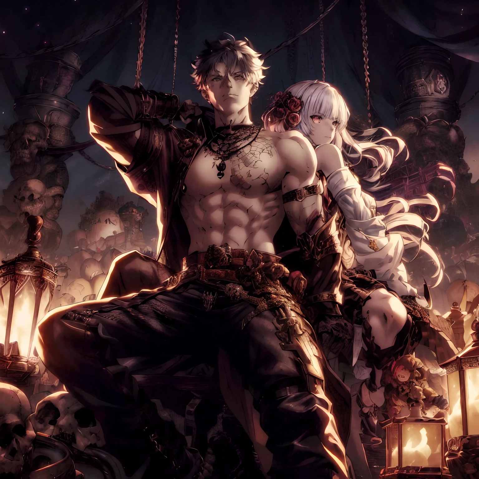 a man and woman sitting on a pile of skulls in front of a lantern, epic light novel art cover, epic light novel cover art, boris valejo. octopath traveler, artbook artwork, badass anime 8 k, anime epic artwork, detailed key anime art, eros and thanatos, shadowverse style, hidari and vlop, trending on artstation pixiv