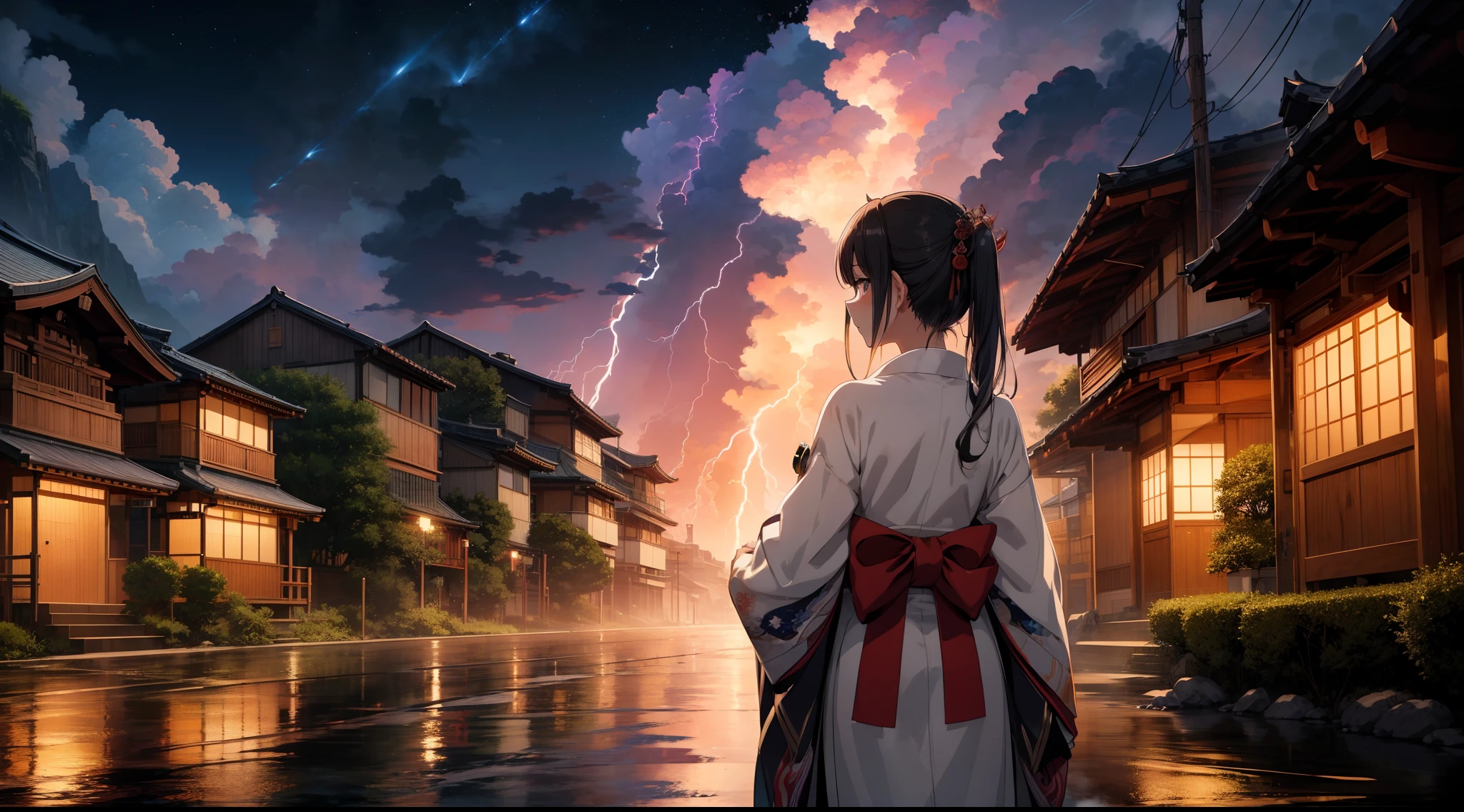 1 Japanese Shaman girl, very wide shot, lightning in the distance , (from behind) ,japanease robe ,(((looking away))), background Western style streetscape , lightnings, high resolution,(incredibly absurdres),anime visual,extremely detailed CG unity 8k wallpaper, ((masterpiece)), ((top-quality)), (beautiful illustration), ((an extremely delicate and beautiful))