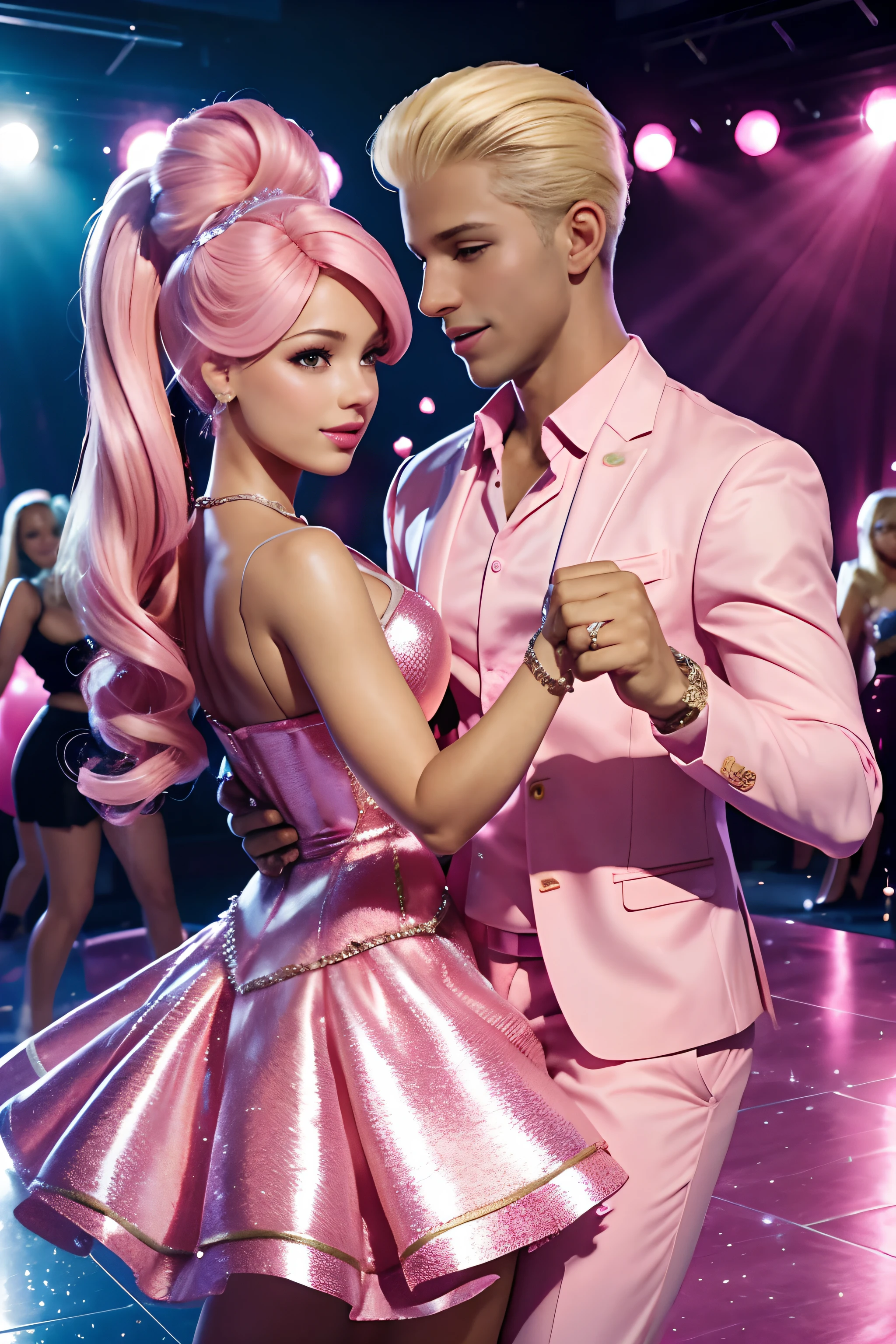Barbie and Ken dancing bachata, Pink surroundings, Balloons, Hearts fly, party, merriment, joying, Flashes of light, tmasterpiece, beautiody,