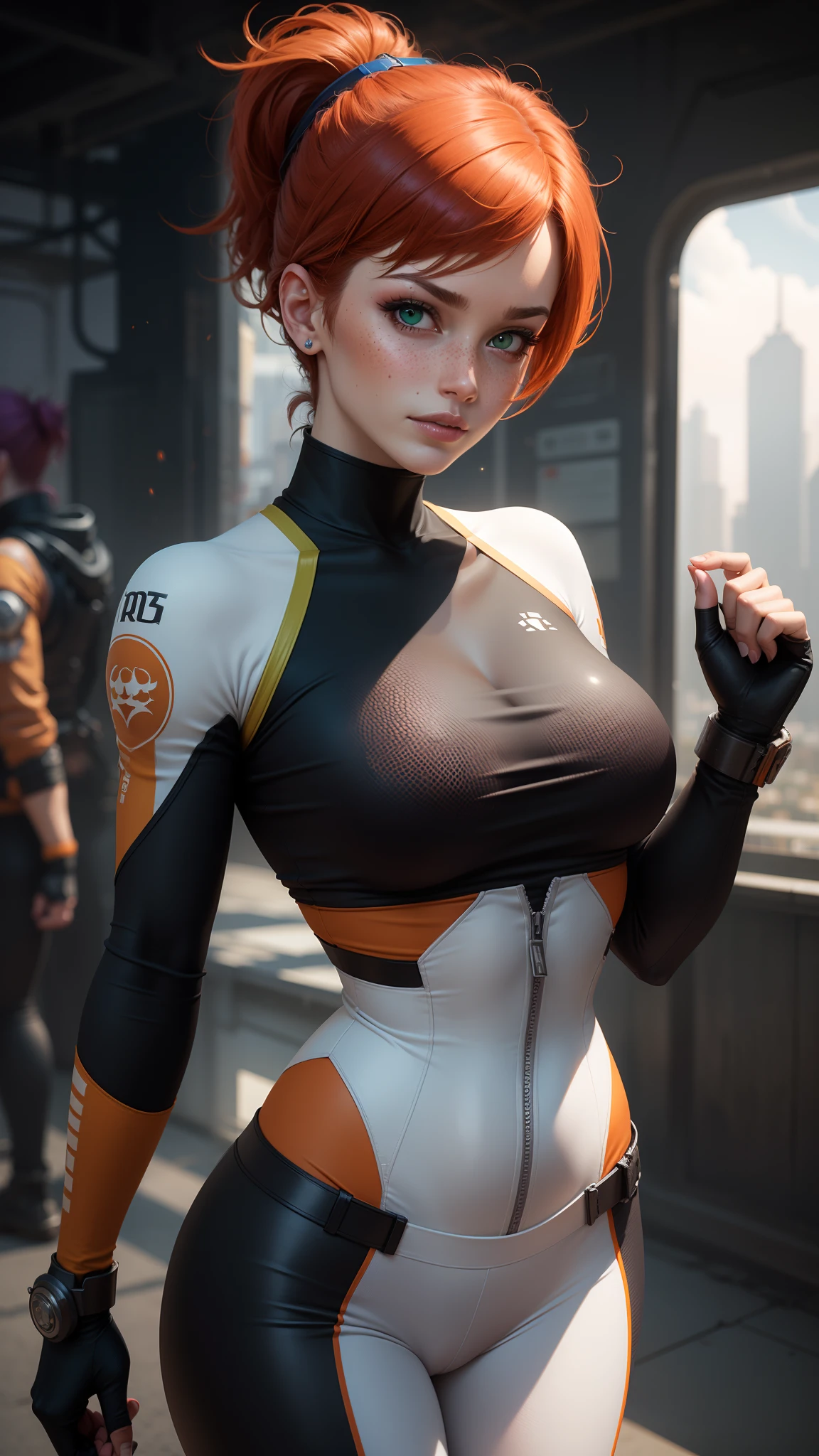 gwen tennyson,tracer,bulma,rebecca chambers,overwatch,1girl,sunny,close up,cyberpunk city,space ship,steel armor,military uniform,military gear, pirate corset,white long sleeve lycra top,orange leggings,short hair,battle scars,goth makeup,green eyes,orange hair,purple hair highlights,shy smile, freckles,redhead,beautiful girl,large breasts,ultra detailed,realistic,fantasy art,
