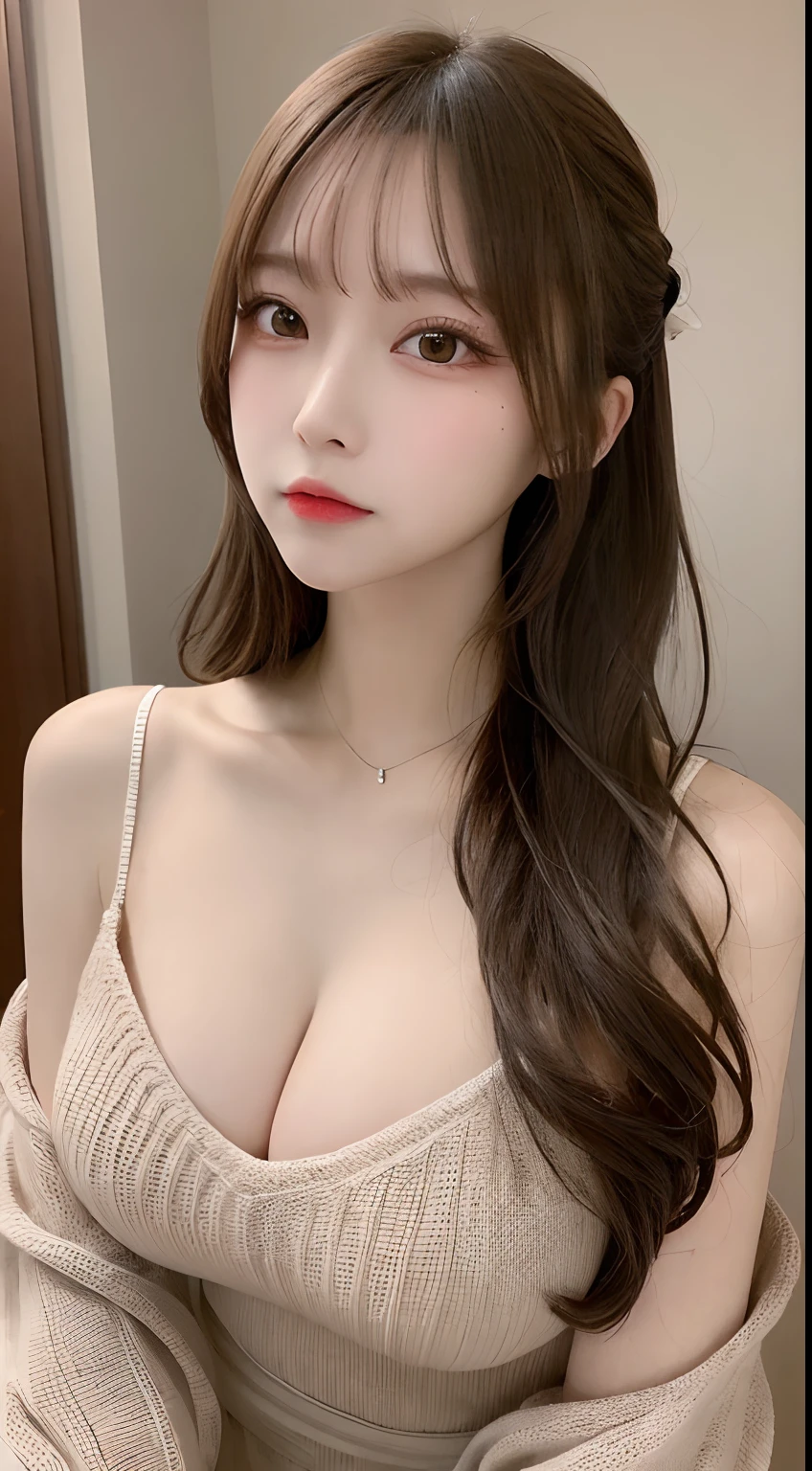 masutepiece, Best Quality, Illustration, Ultra-detailed, finely detail, hight resolution, 8K Wallpaper, Perfect dynamic composition, Beautiful detailed eyes, Natural Lip, Sexy knitted dresses , Big breasts, cleavage, Random sexy poses, Full body