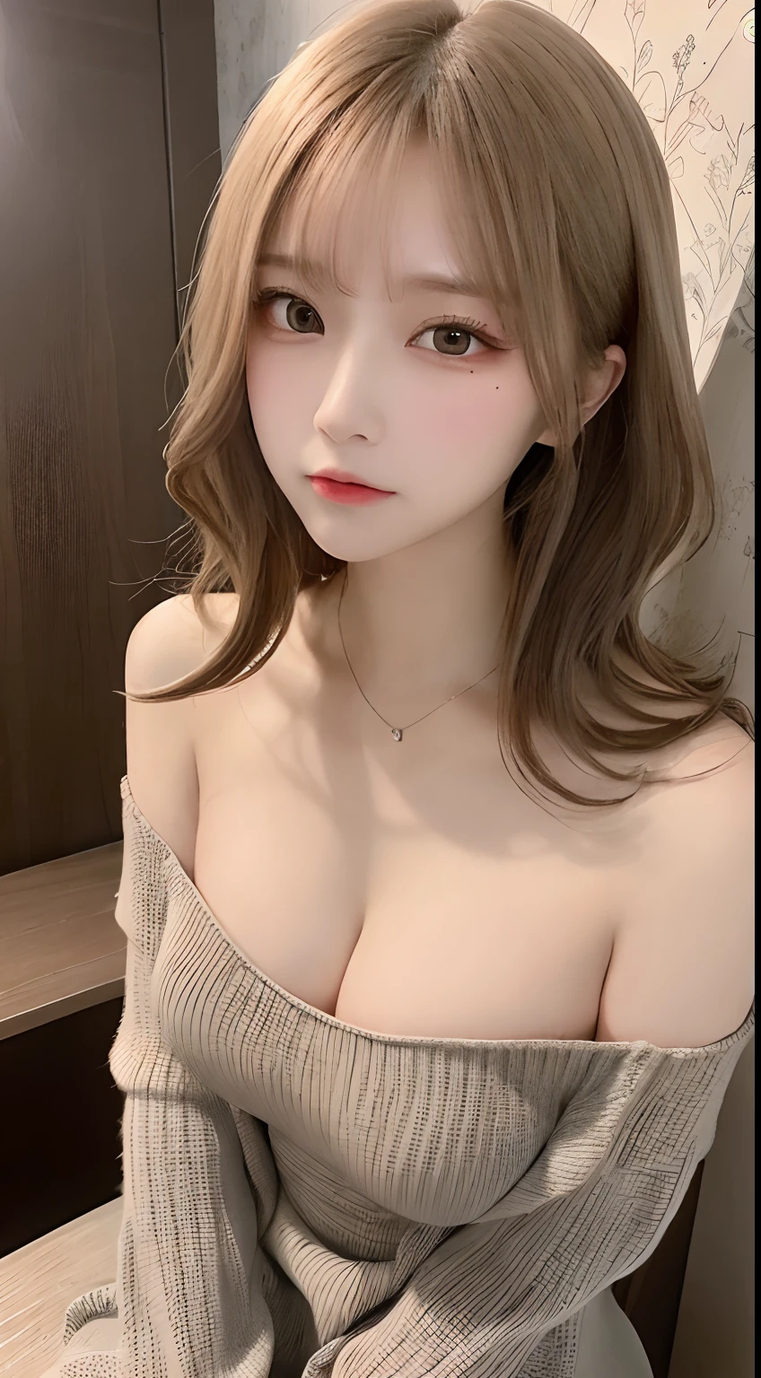 masutepiece, Best Quality, Illustration, Ultra-detailed, finely detail, hight resolution, 8K Wallpaper, Perfect dynamic composition, Beautiful detailed eyes,  Natural Lip, Sexy knitted dresses , Big breasts, cleavage, Random sexy poses, Full body