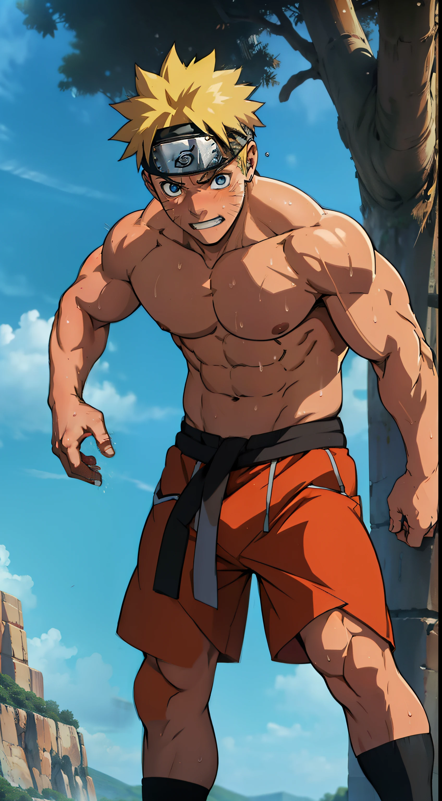 (Full body)  (photo angle from bottom up )( art of anime Naruto)   red skin ,sunburned red skin, boy was shy and blushed (photo subject: Close-up of muscular thigh muscles )standing (photo angle from the ground upwards) [Anime photo][highest quality photo][4k,HD photo quality ] eyes blue , main wear tight and short loincloths soaking wet,the loincloth bulges (muscular thigh muscles, firm thigh muscles, muscular thigh muscles, sinewy thigh muscles, giant thigh muscles, strong leg muscles, muscular hamstring leg muscles) , bodybuilder,bodybuilding, standing, pink skin, rosy skin , lots of sweat flowing down,sweat profusely, drenched in sweat, a lot of sweat running down the body, topless, shirtless, hot sunny , blue eyes, cute face, cute , cool face, 2 arms spread wide