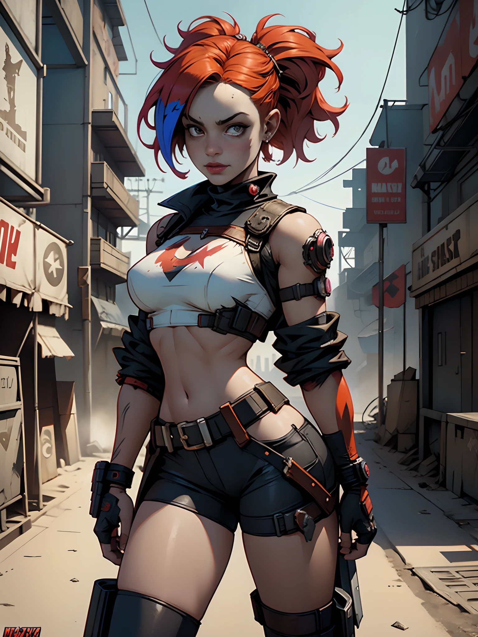 A female collectible heroine in Mad Max Design, Parecido com Harley Quinn Figure. Dystopian world in the background, fotorrealista, 4k, Cyberpunk