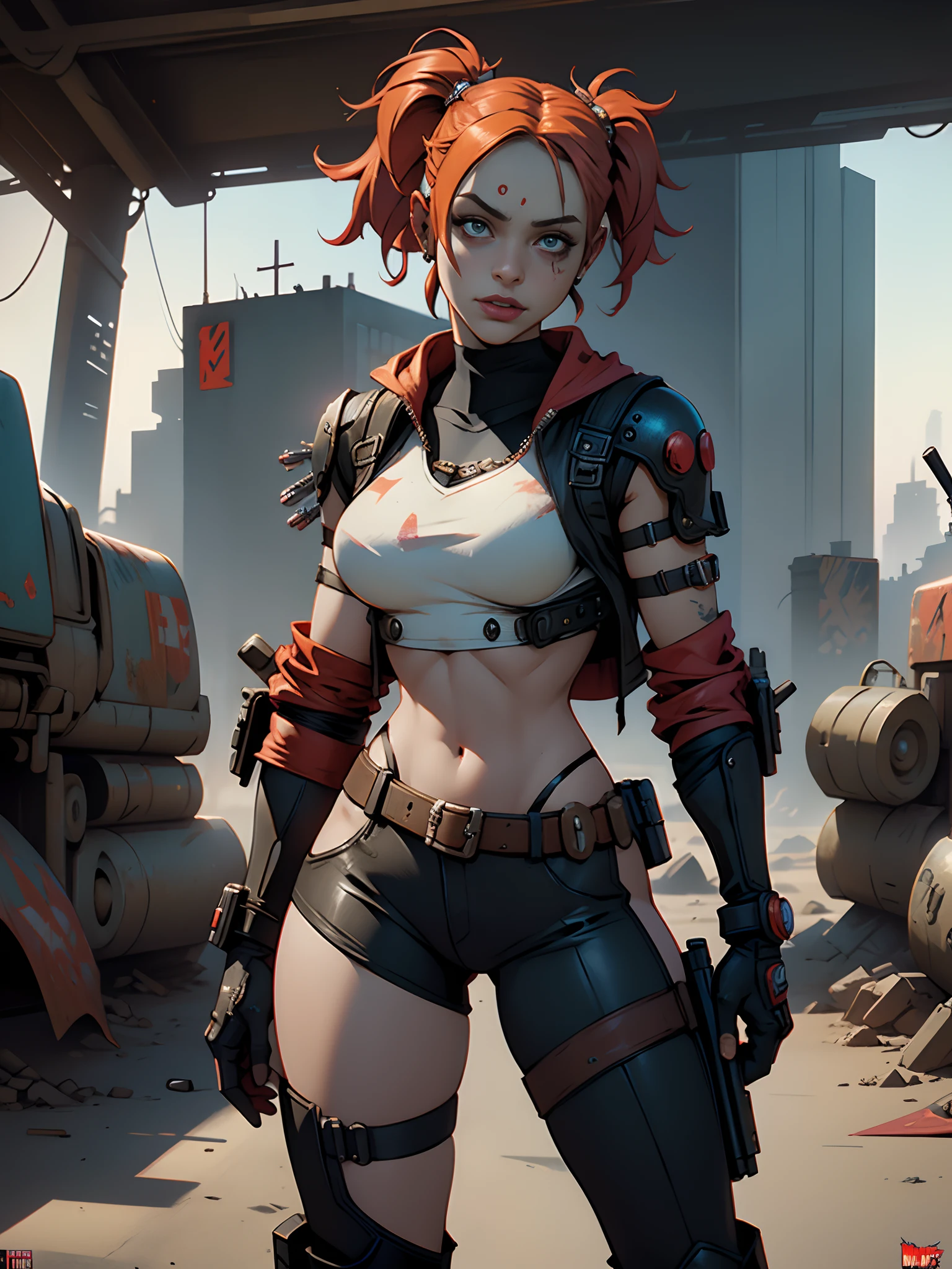 A very detailed and realistic skull girl.,( xochitl gomez) Cyberpunk character, final, sexy, bartender, Orange hair, Dramatic heavy metal and rock theme., Best Quality, 8k, Hyper realistic, photorealistic, extremely detailed painting, studio lighting, vivid colors, dark moody atmosphere, cinematographic, dramatic pose, intricate mechanical details, Glowing energy effects, intense sandy textures, perfect integration of organic and inorganic elements. Wearing the used clothes of a wasteland dweller.. bottom: An apocalyptic wasteland. Dusty and depressing.