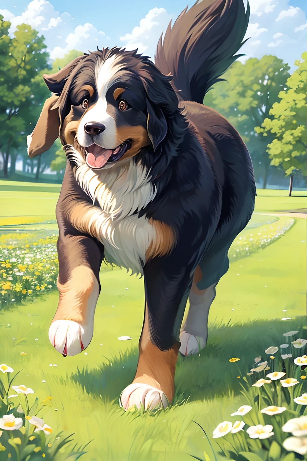 Bernese mountain dog, frolicking in a beautiful field