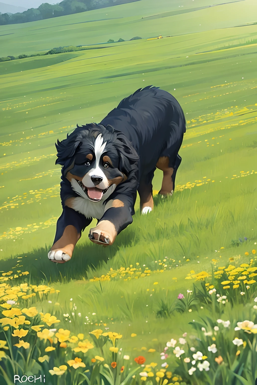 Bernese mountain dog, frolicking in a beautiful field