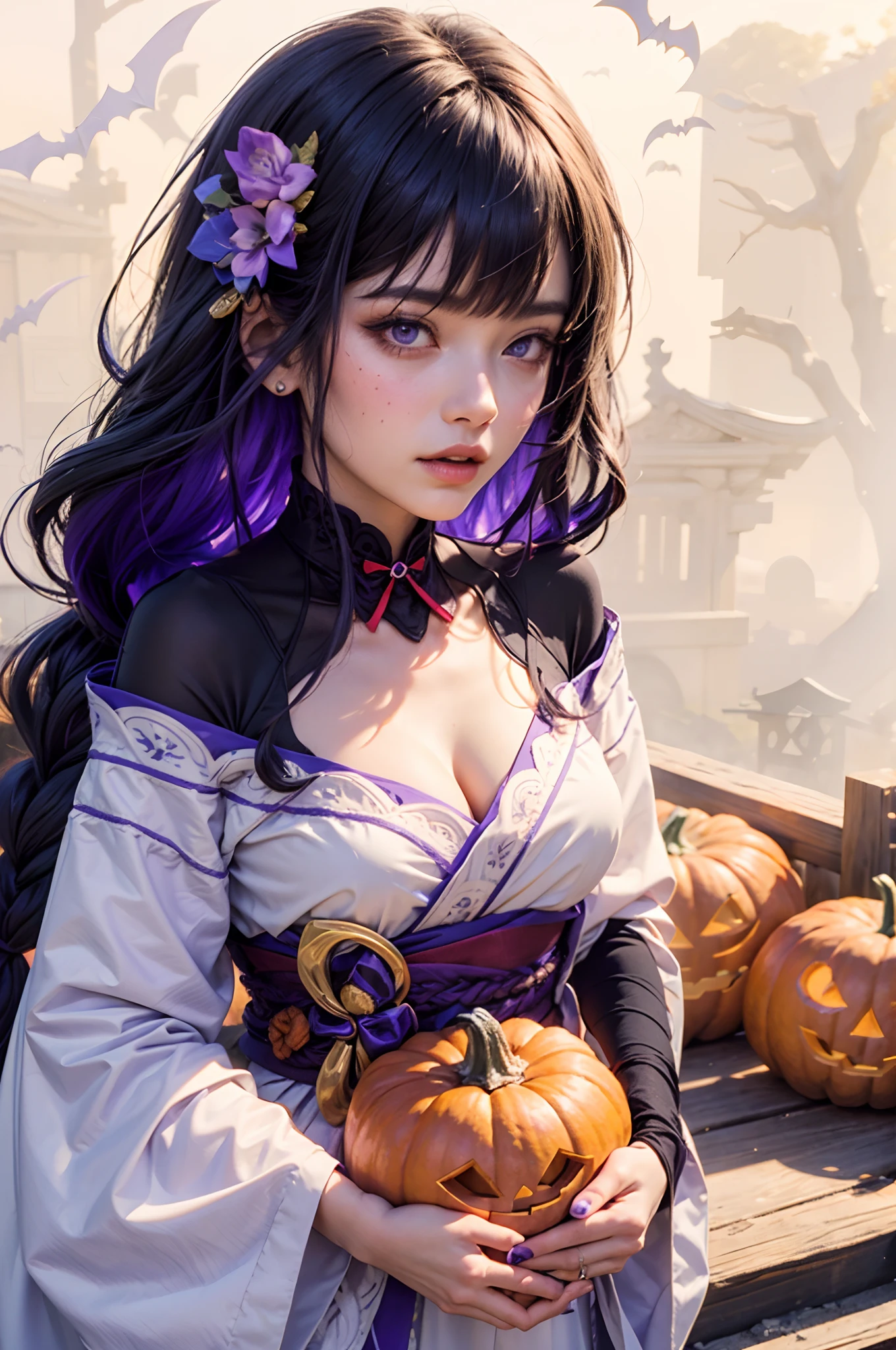 best quality, masterpiece, highres, 1woman,female,solo, ((mature female)), raiden, 1girl, \n/, very long purple hair purple braid, hanfu,black clothes on shoulders,(collarbone:0.9), hanfu,tang style, long black stockings, solo, full body, white kimono with purple details, ((halloween, pumpkins))